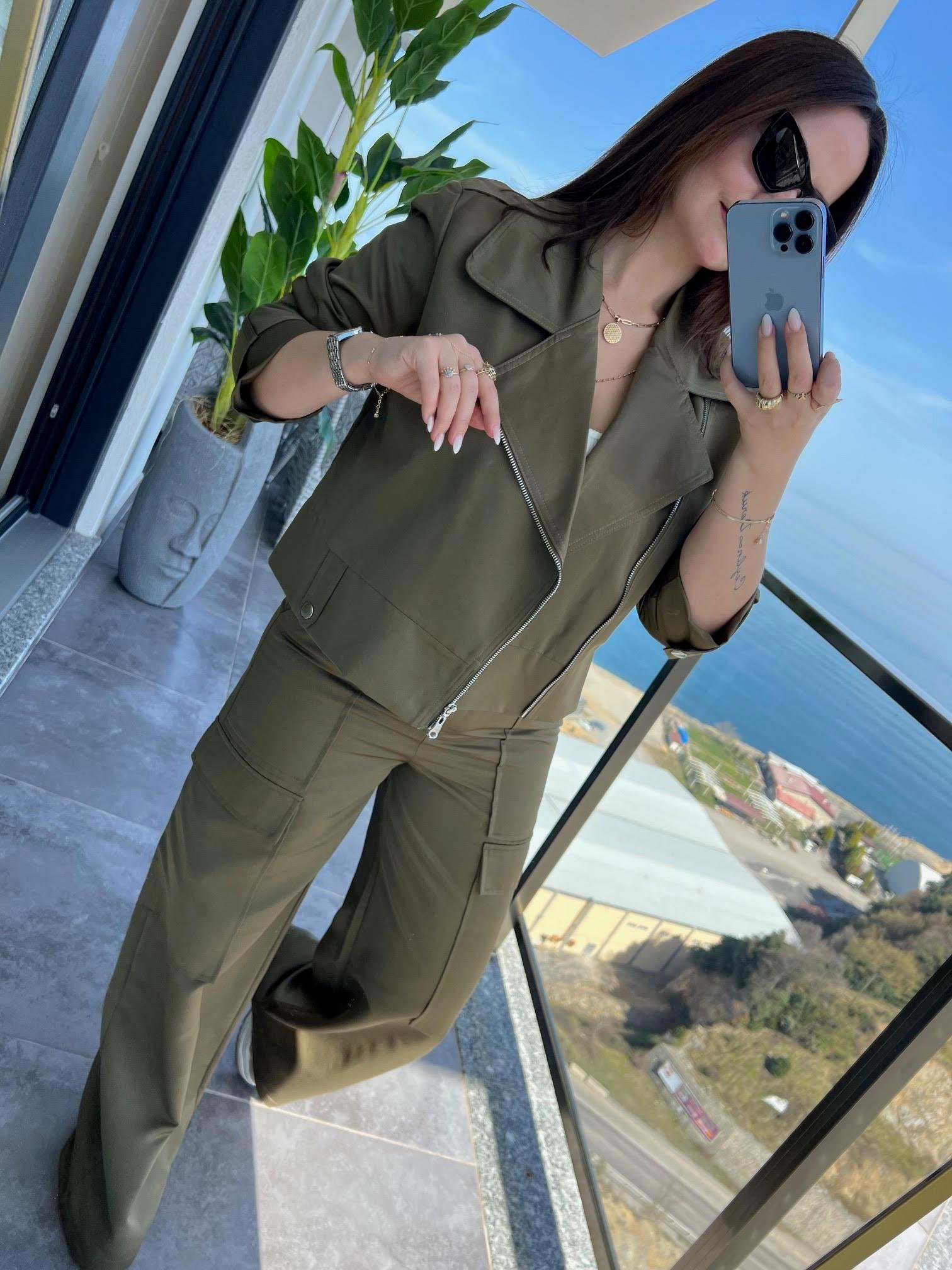0655 Oversize Biker Ceket Pantolon Takım HAKİ YEŞİL