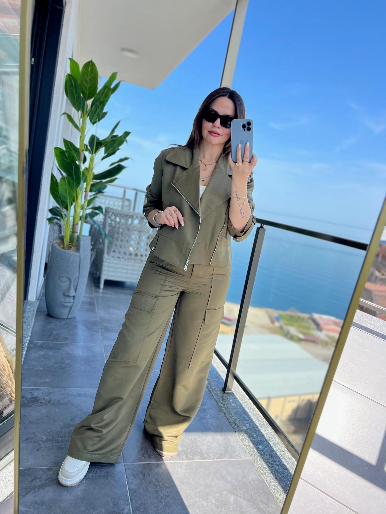 0655 Oversize Biker Ceket Pantolon Takım HAKİ YEŞİL