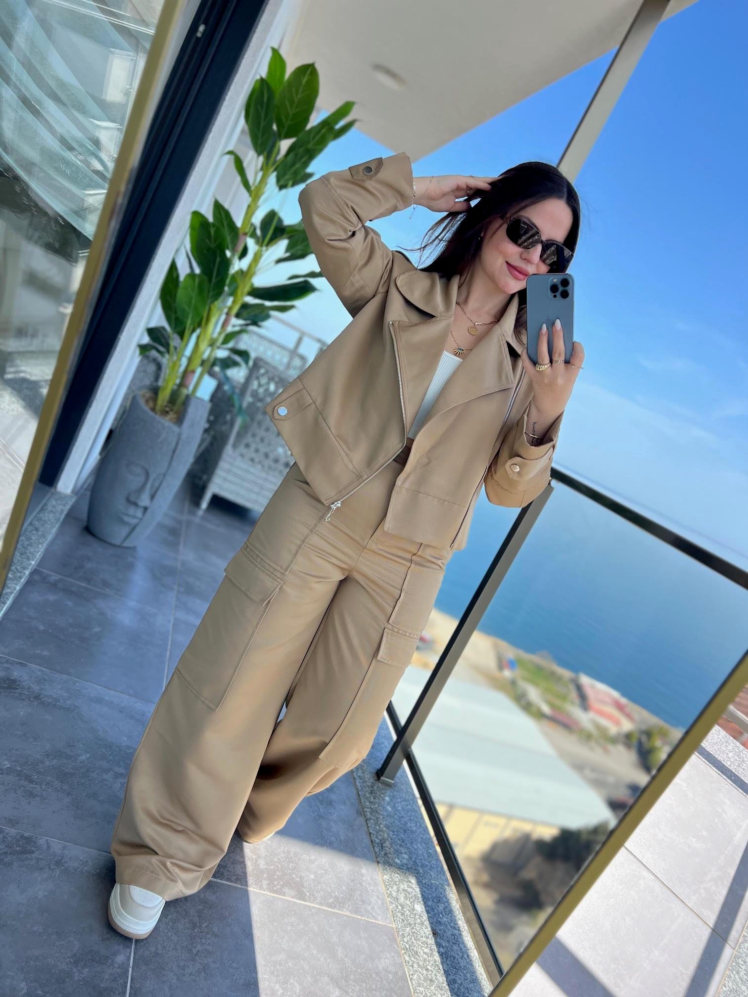 0655 Oversize Biker Ceket Pantolon Takım BEJ