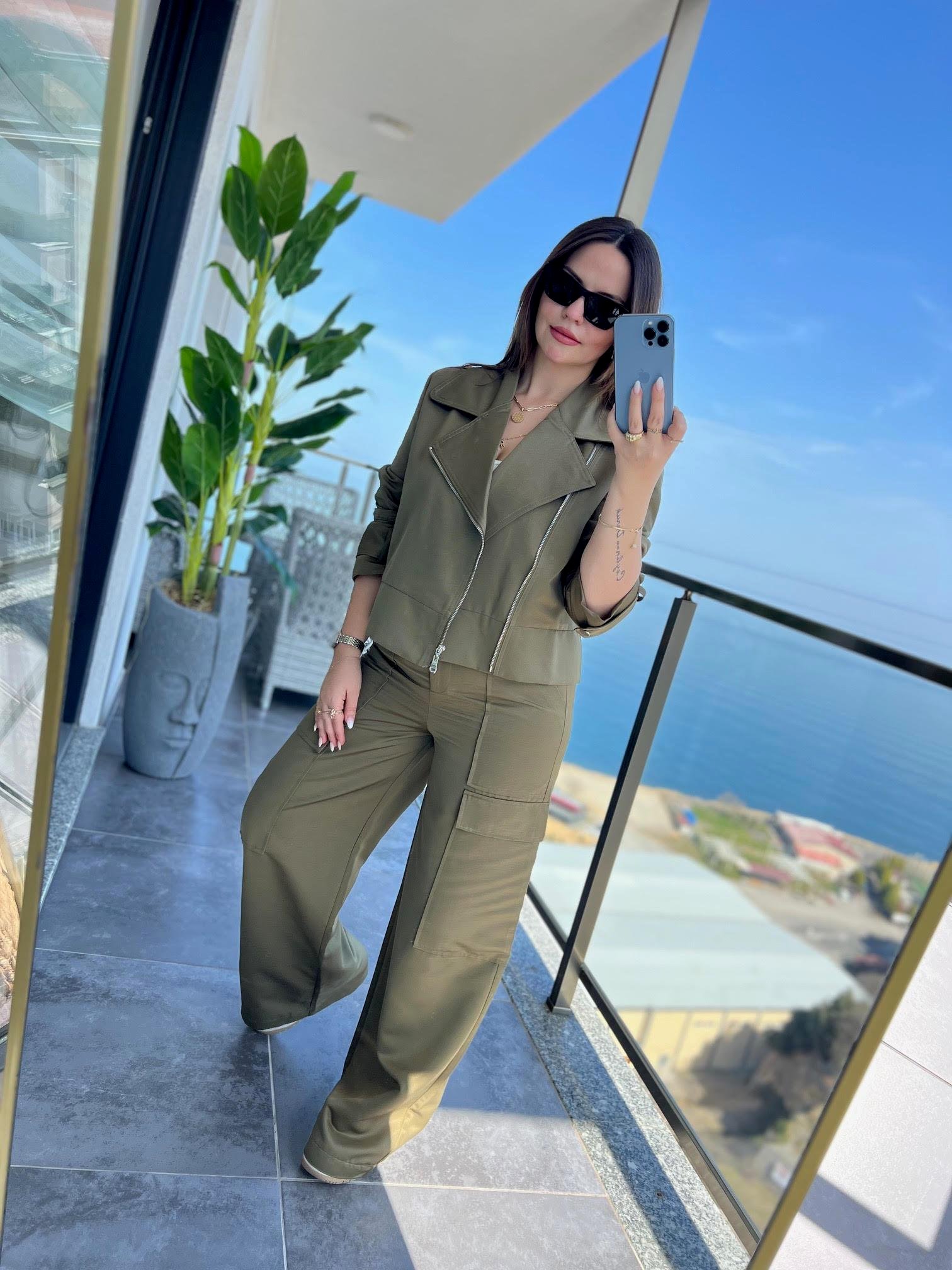 0655 Oversize Biker Ceket Pantolon Takım HAKİ YEŞİL