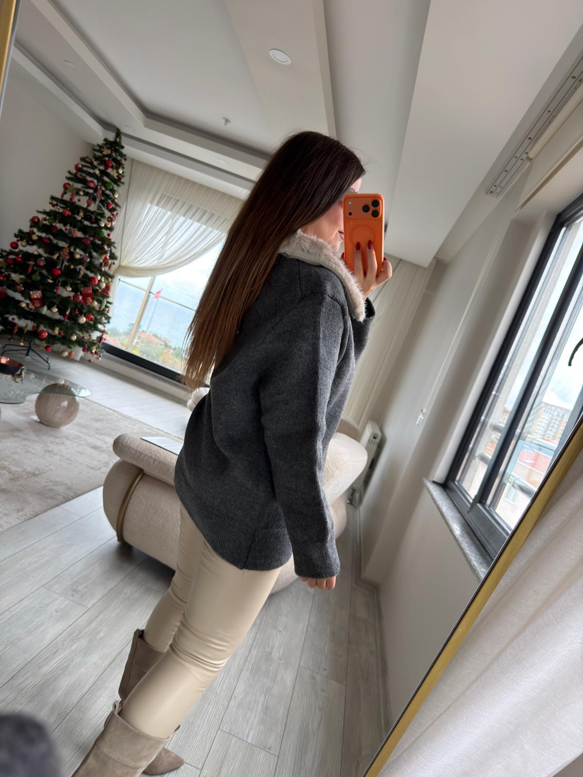 0761 Yakası Kürk Hırka ANTRESİT