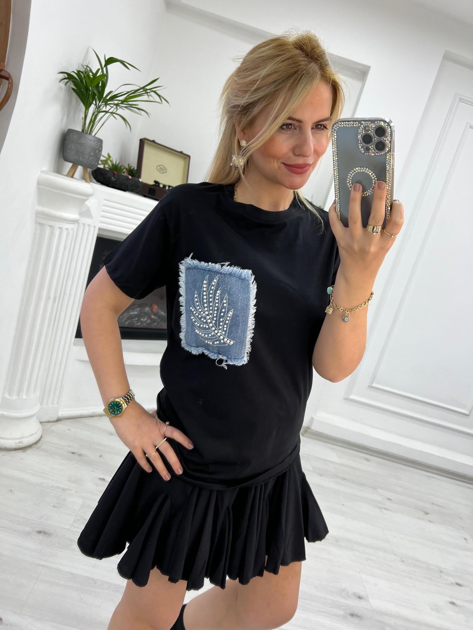 082 Cebi İnci Detay Tshirt SİYAH