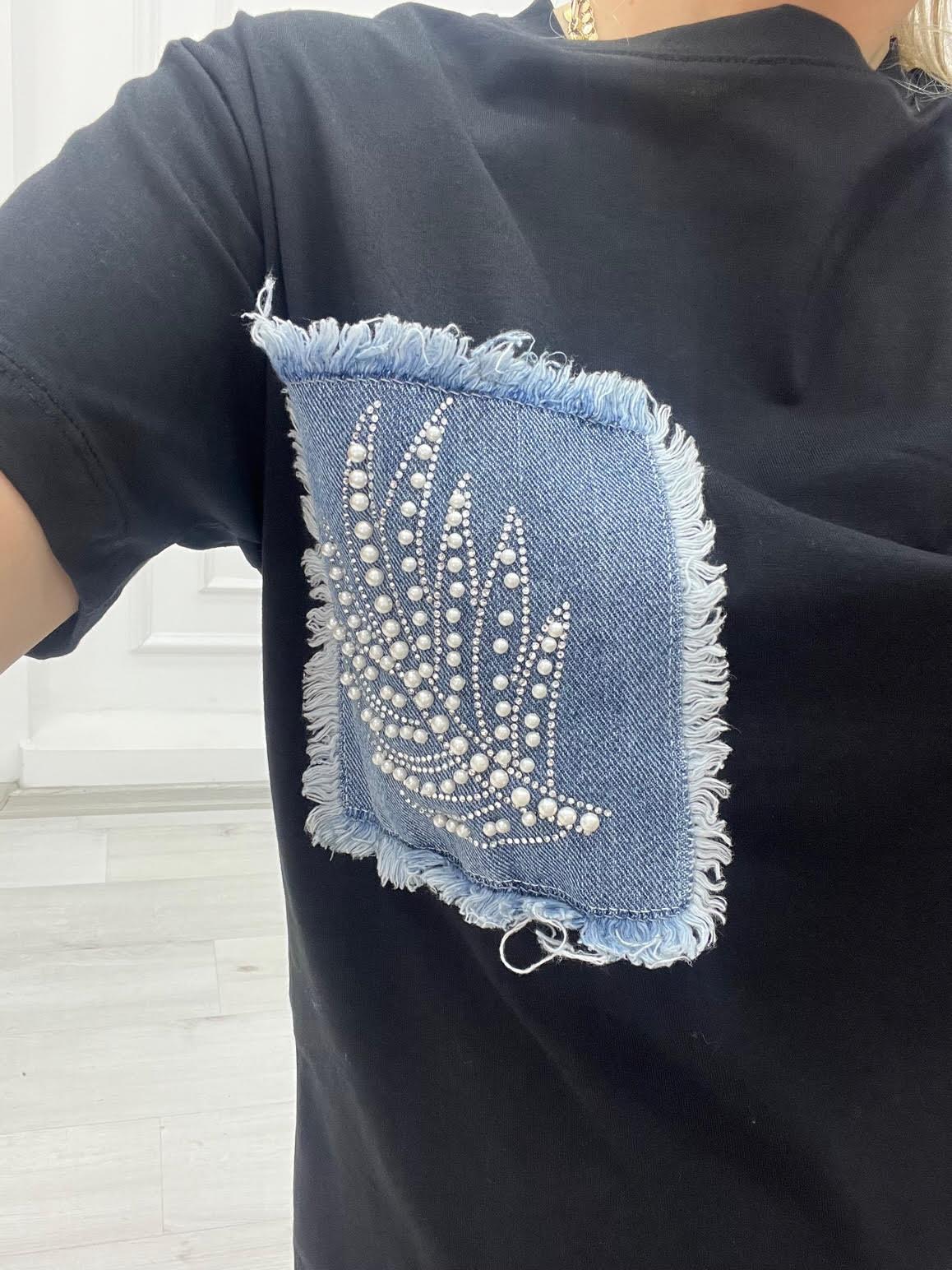 082 Cebi İnci Detay Tshirt SİYAH