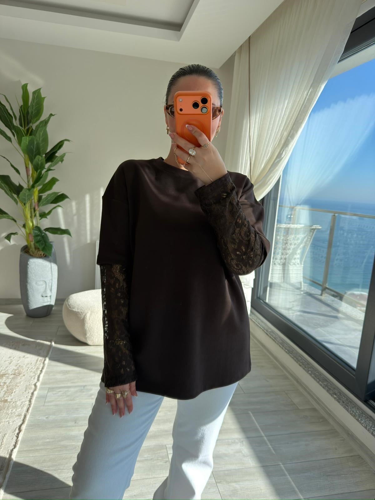 0886 Kolu Dantelli Sweat KAHVE