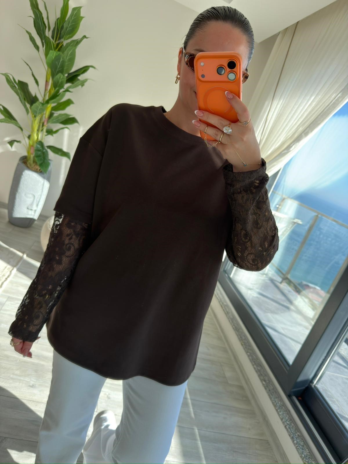 0886 Kolu Dantelli Sweat KAHVE