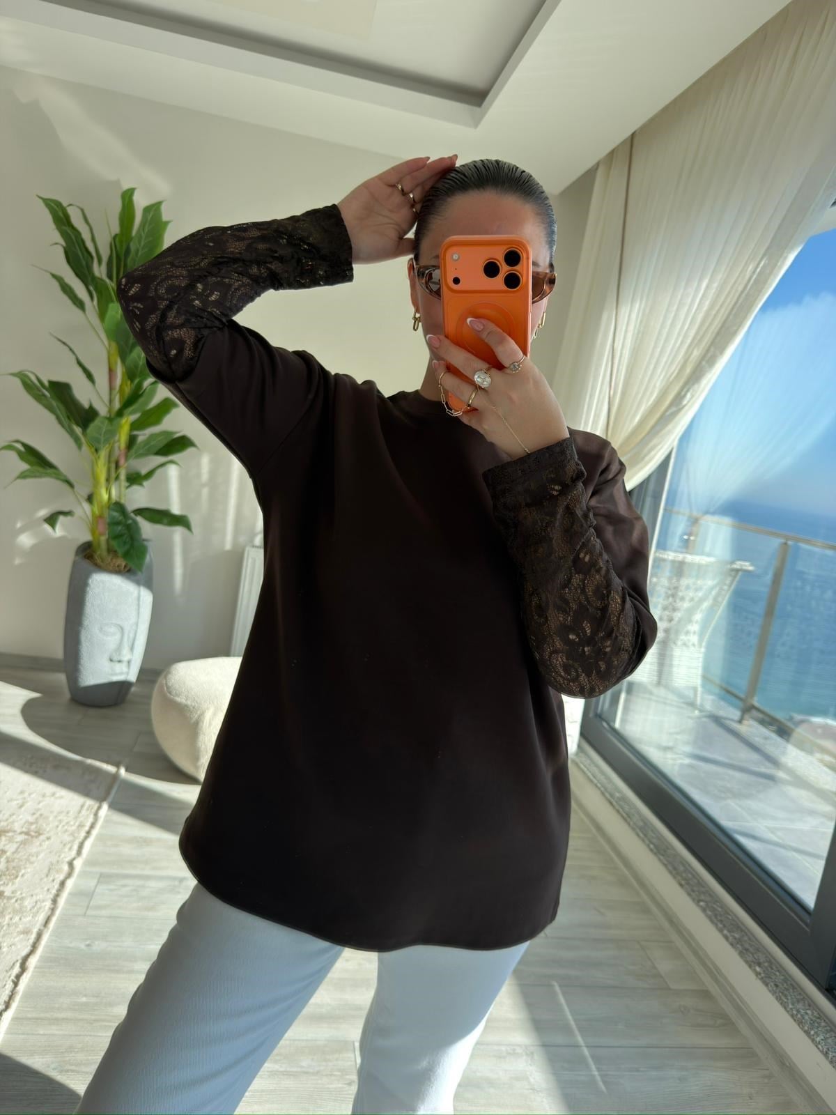 0886 Kolu Dantelli Sweat KAHVE