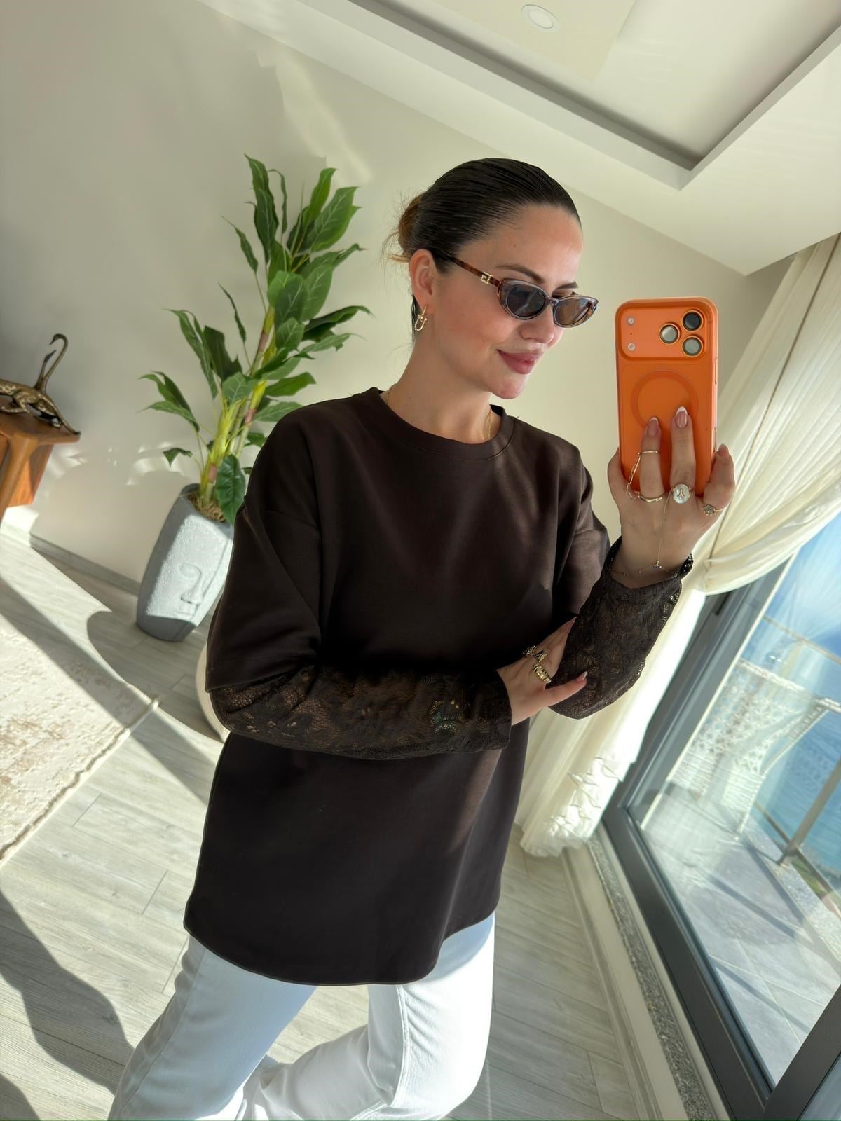 0886 Kolu Dantelli Sweat KAHVE