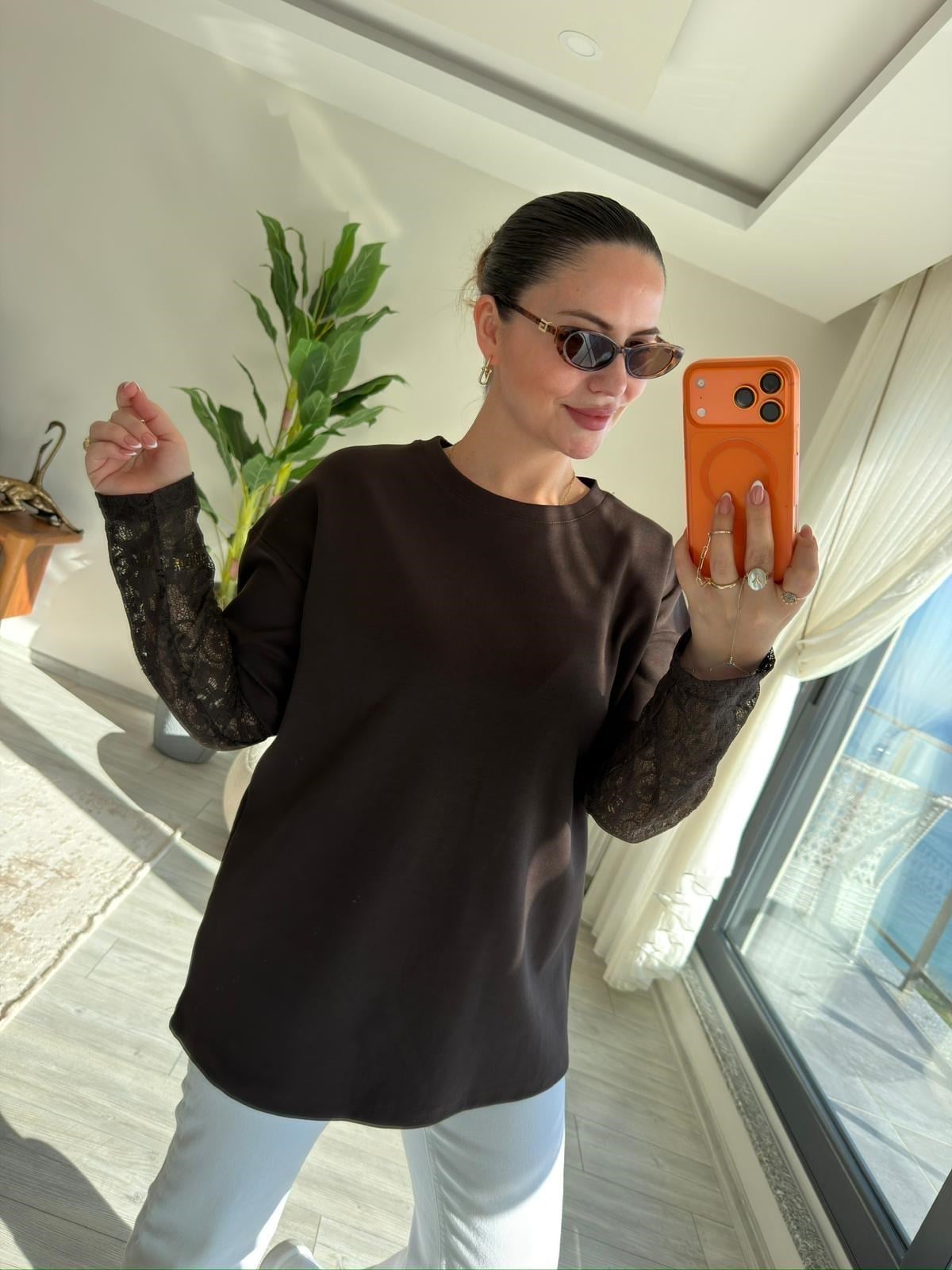 0886 Kolu Dantelli Sweat KAHVE
