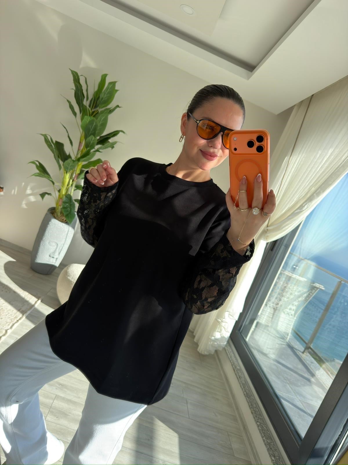 0886 Kolu Dantelli Sweat SİYAH