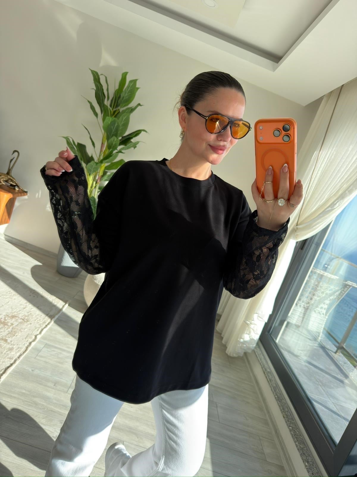 0886 Kolu Dantelli Sweat SİYAH
