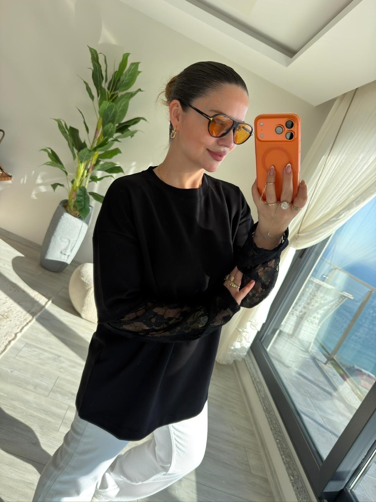 0886 Kolu Dantelli Sweat SİYAH