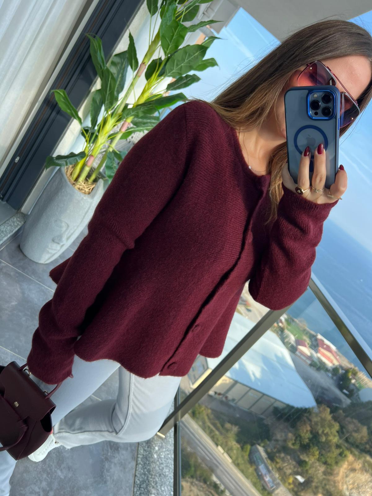 0985 Düğmeli Triko Hırka BORDO