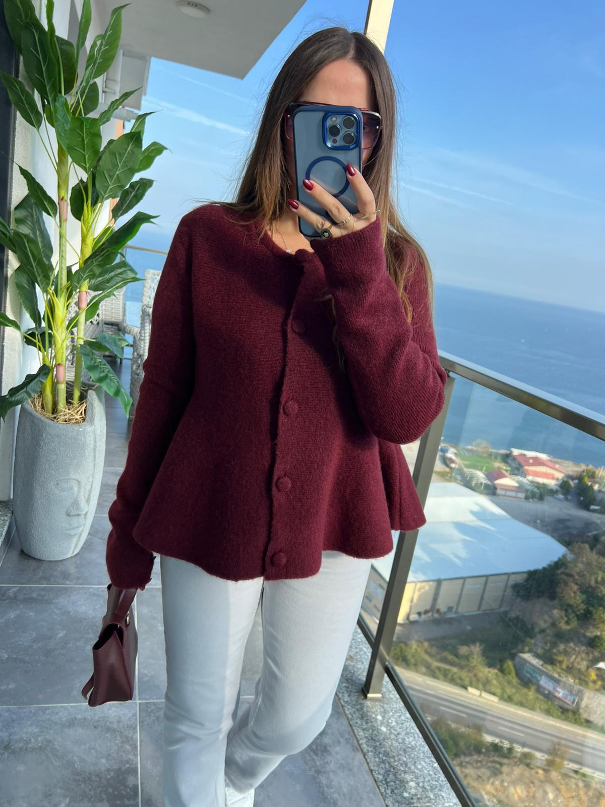 0985 Düğmeli Triko Hırka BORDO