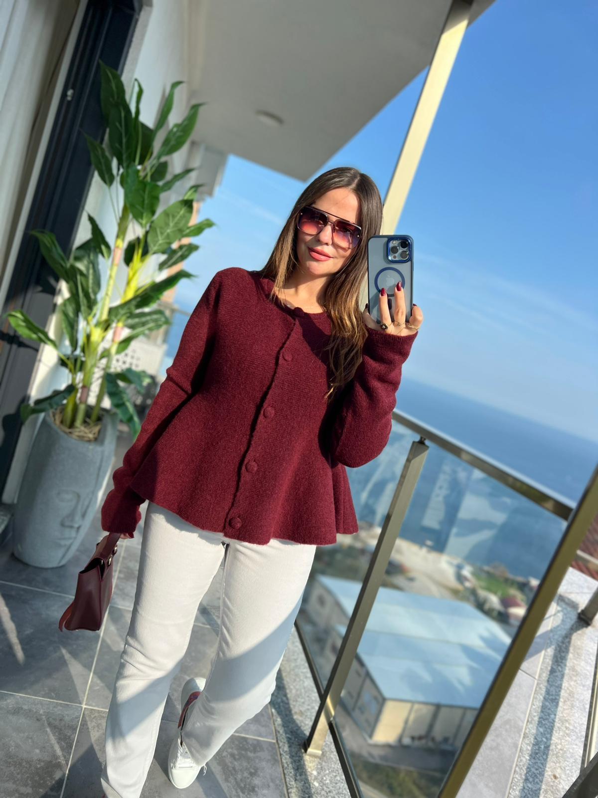 0985 Düğmeli Triko Hırka BORDO
