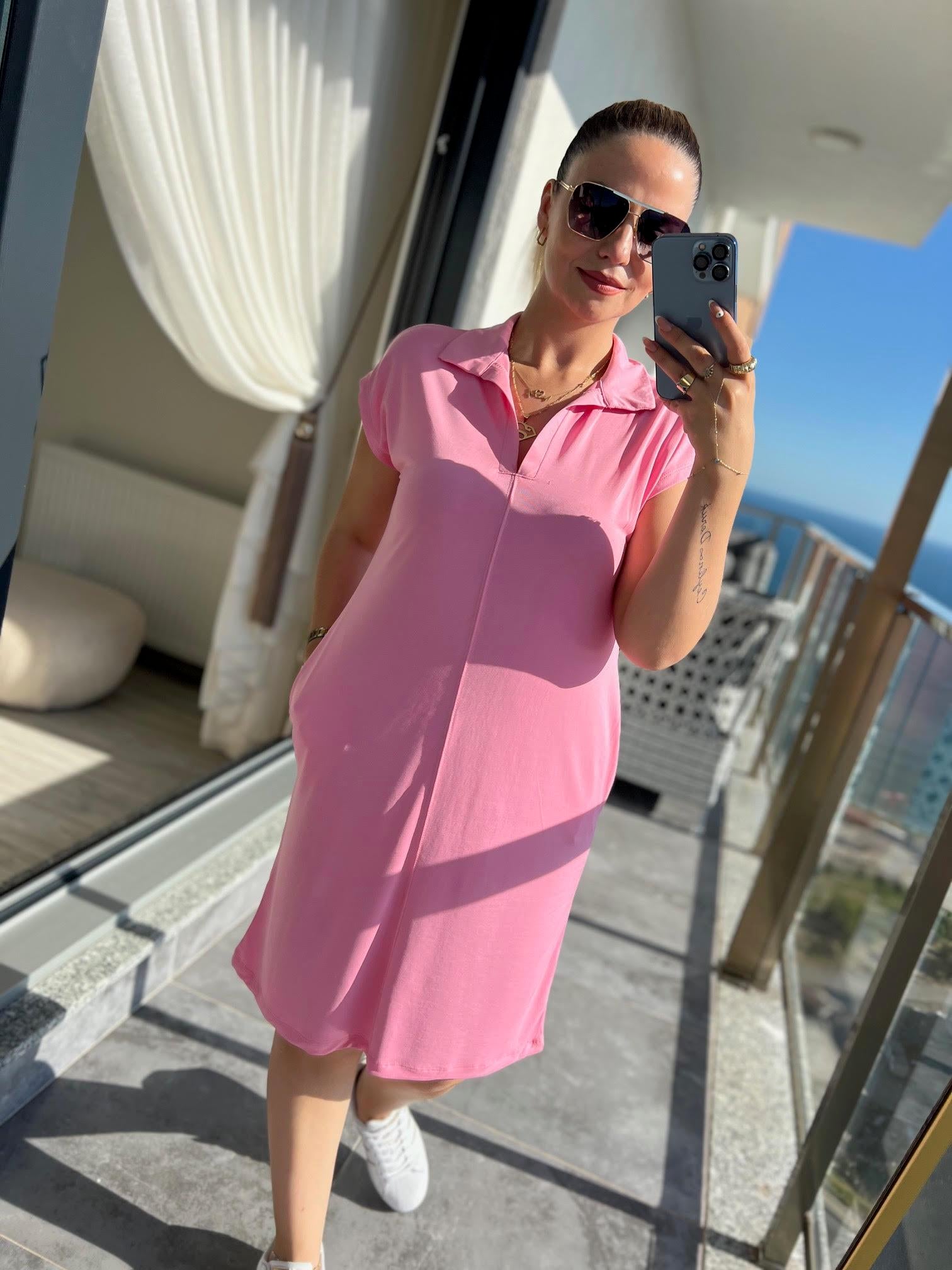 1015 Polo Yaka Modal Kumaş Elbise PEMBE