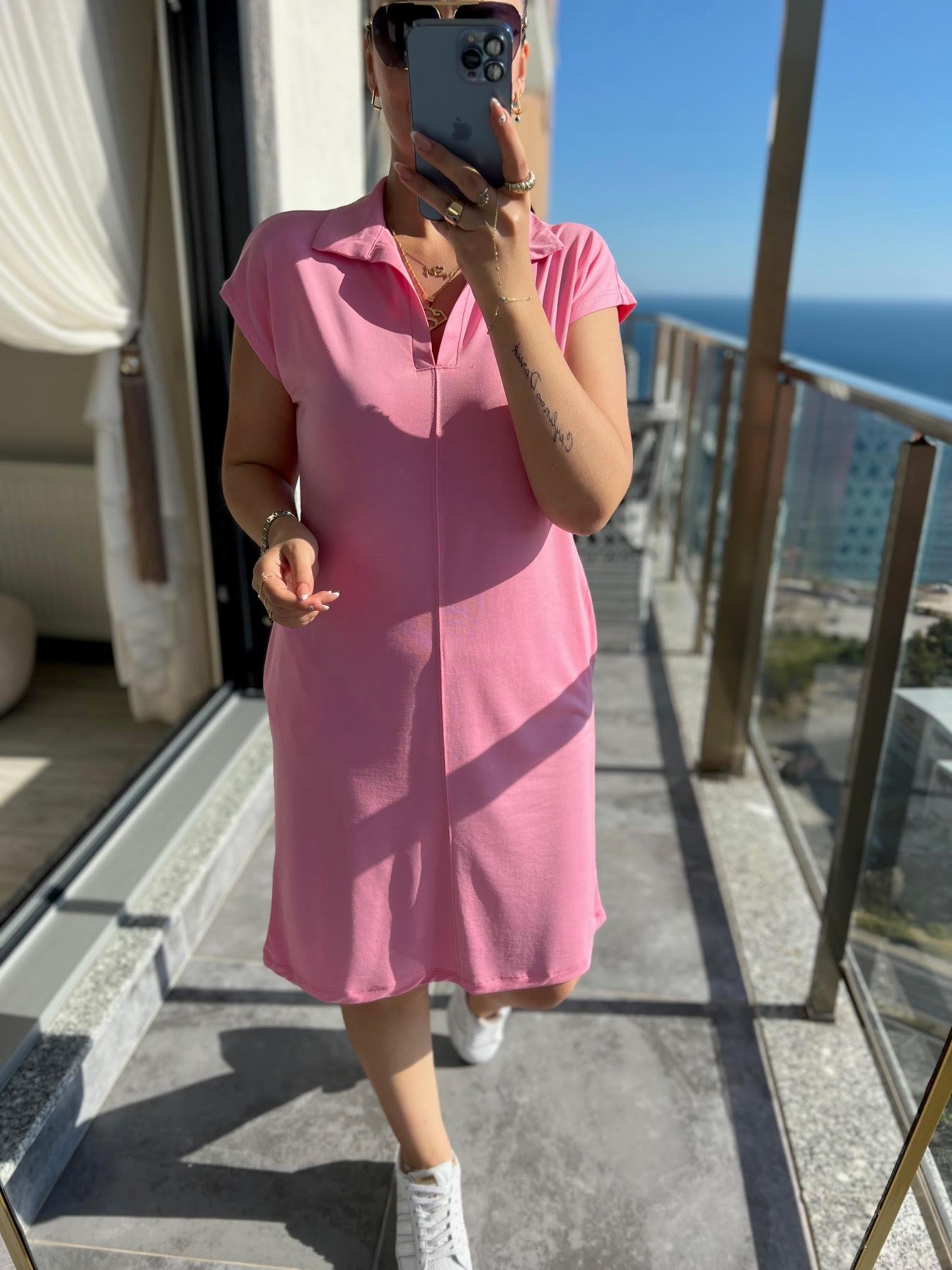 1015 Polo Yaka Modal Kumaş Elbise PEMBE