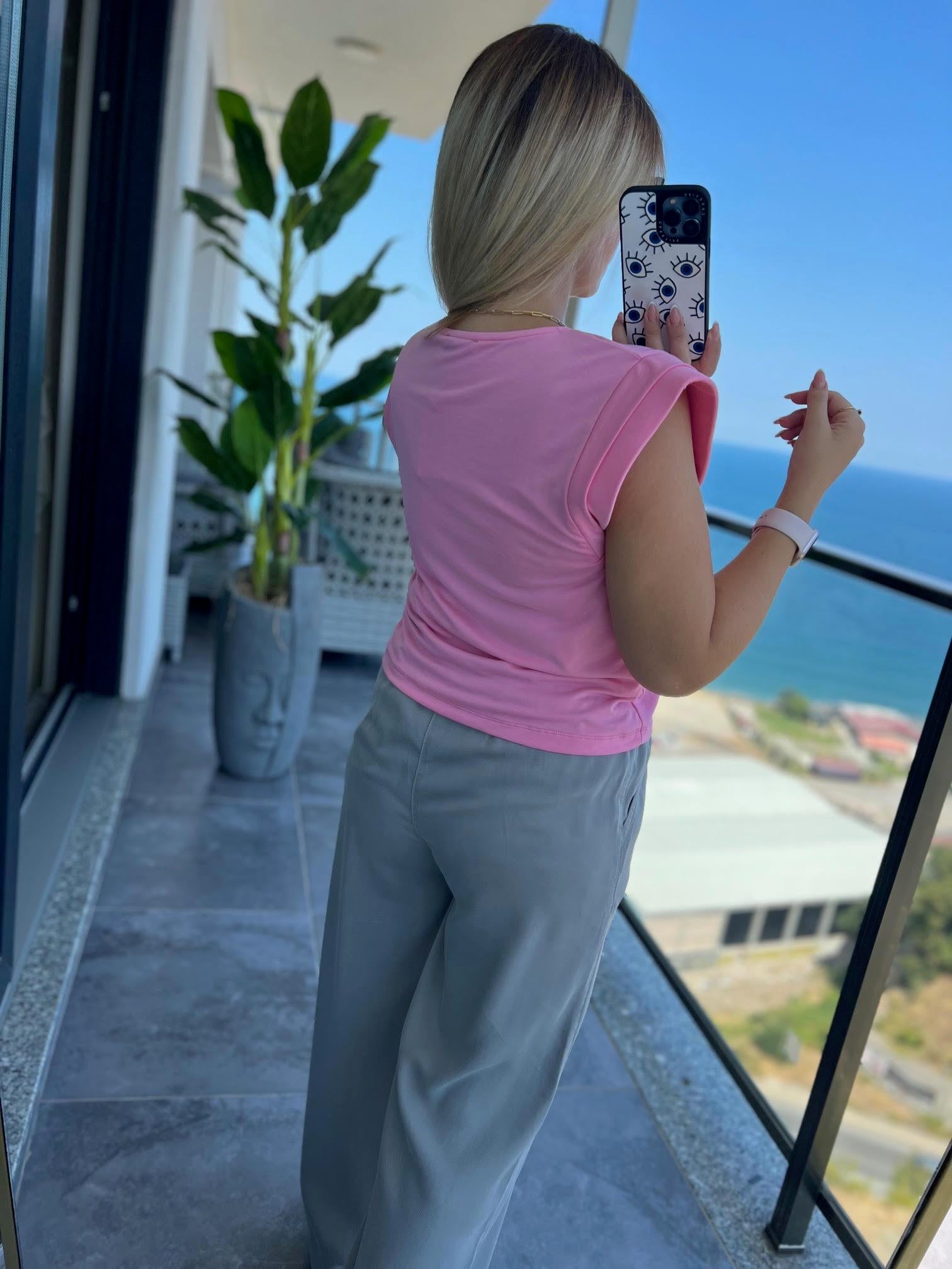 1016 Omuzu Süngerli Bluz PEMBE