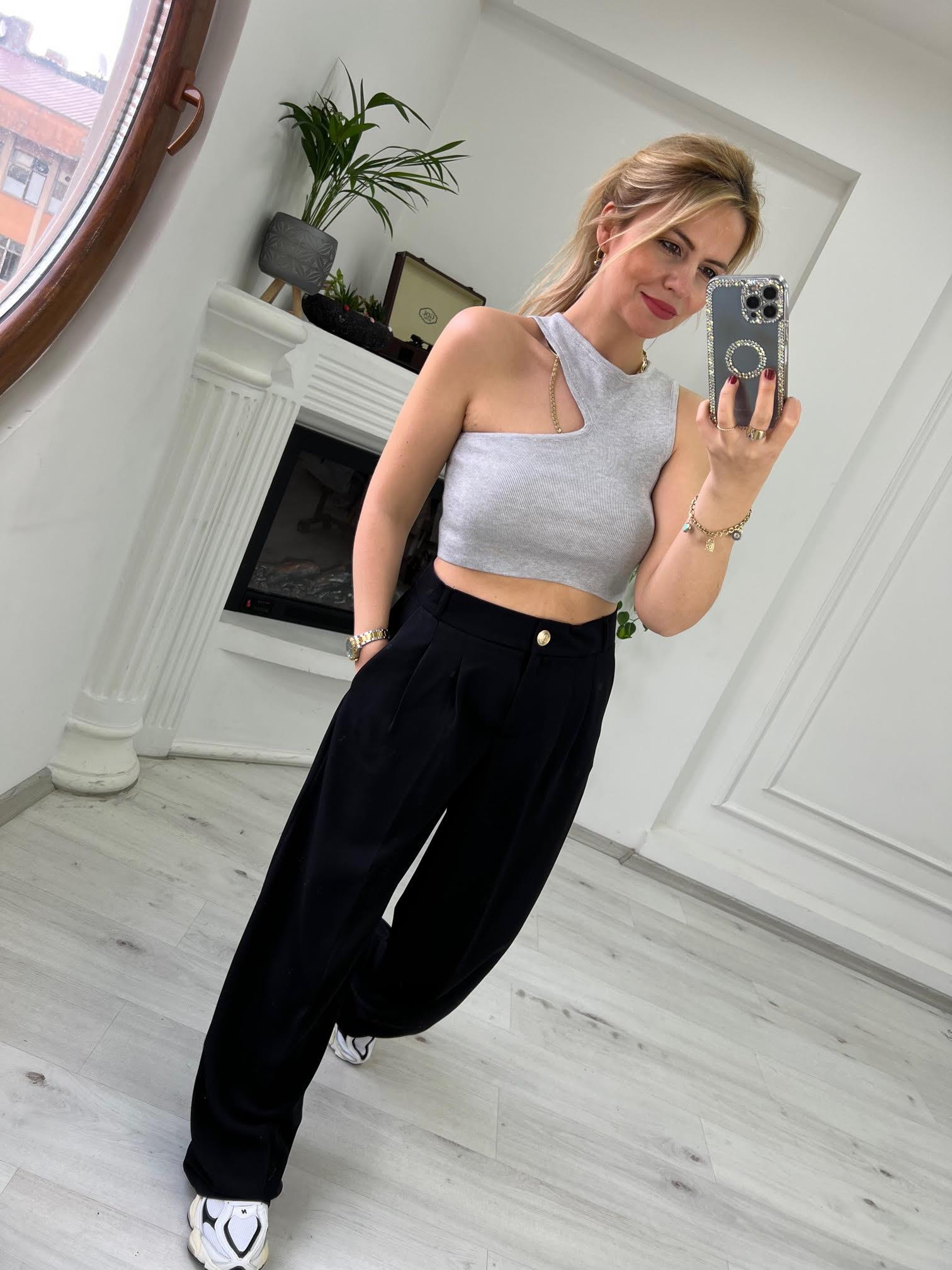 10173 Bisiklet Yaka Dekolte Crop GRİ
