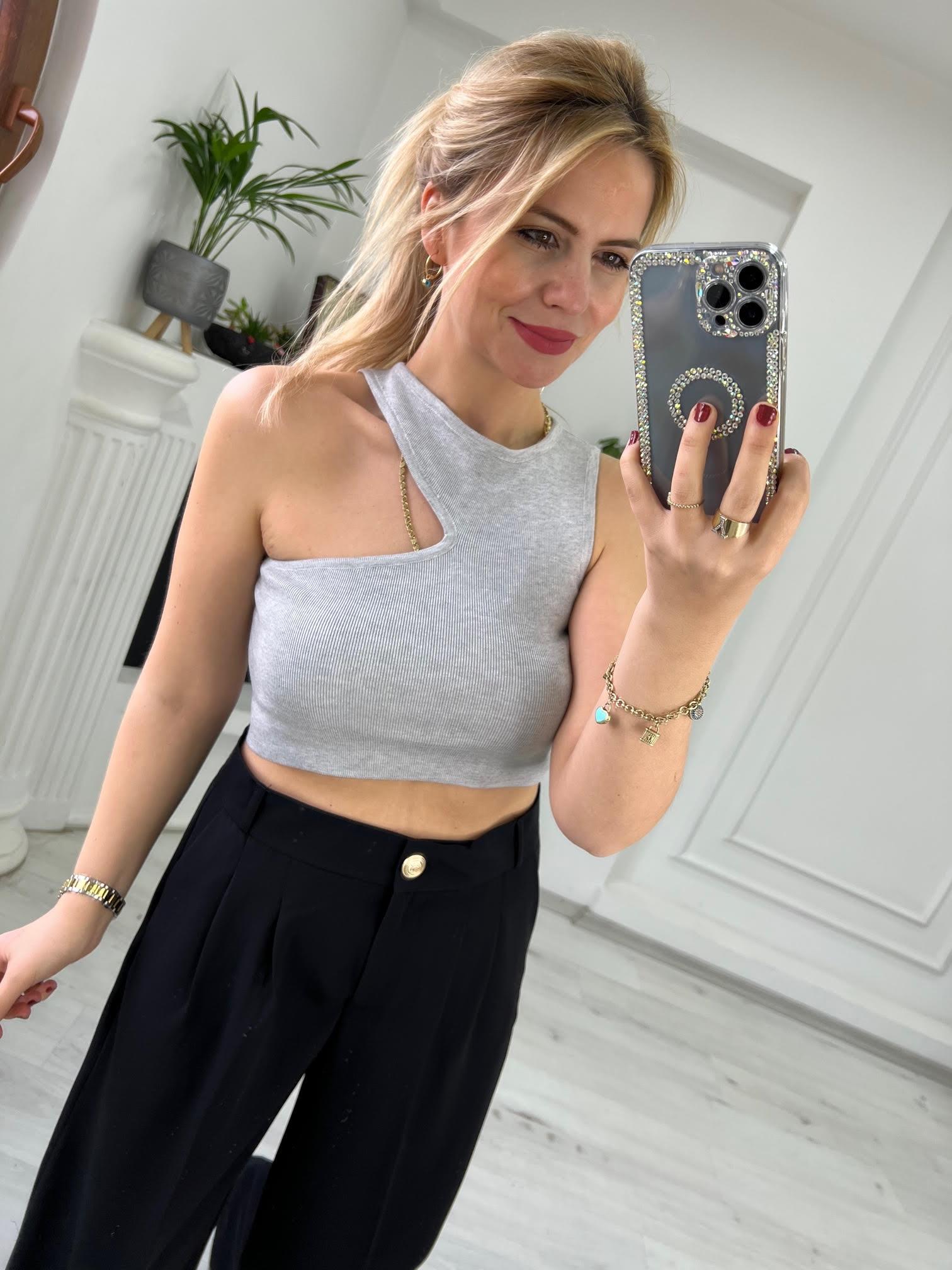 10173 Bisiklet Yaka Dekolte Crop GRİ
