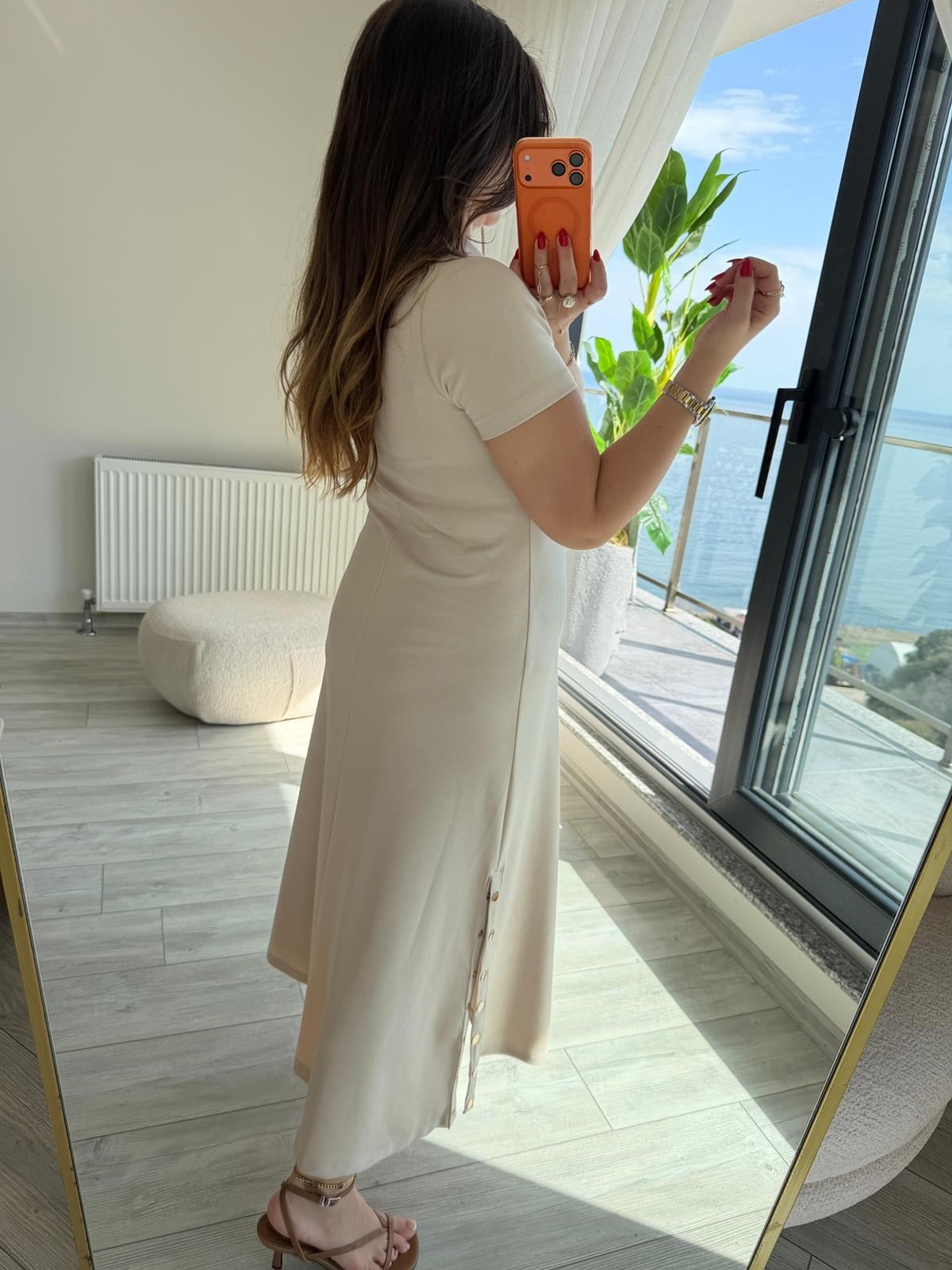 1023 Yarım Kol Patlı Elbise BEJ