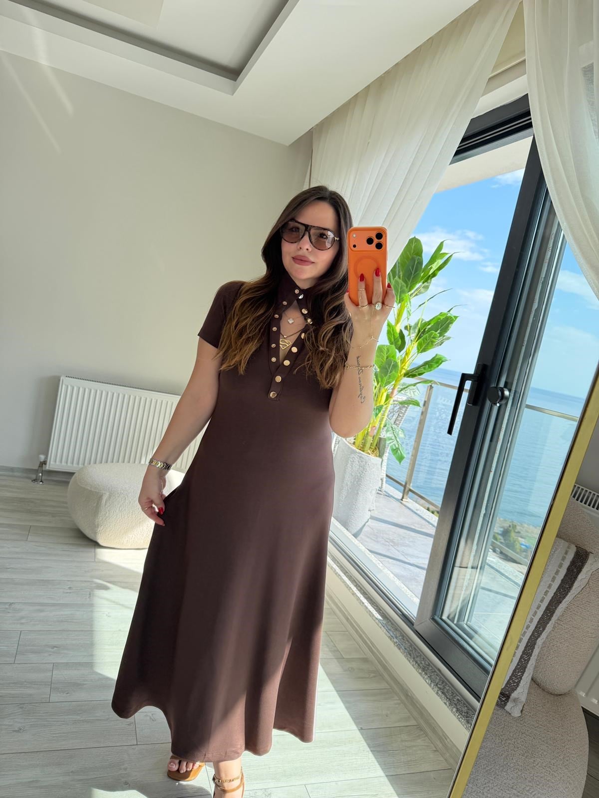1023 Yarım Kol Patlı Elbise KAHVE