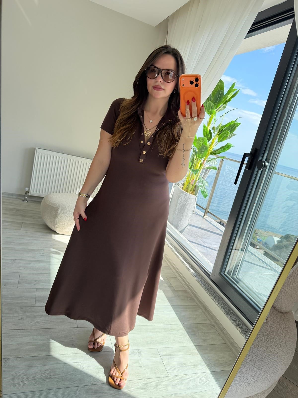 1023 Yarım Kol Patlı Elbise KAHVE