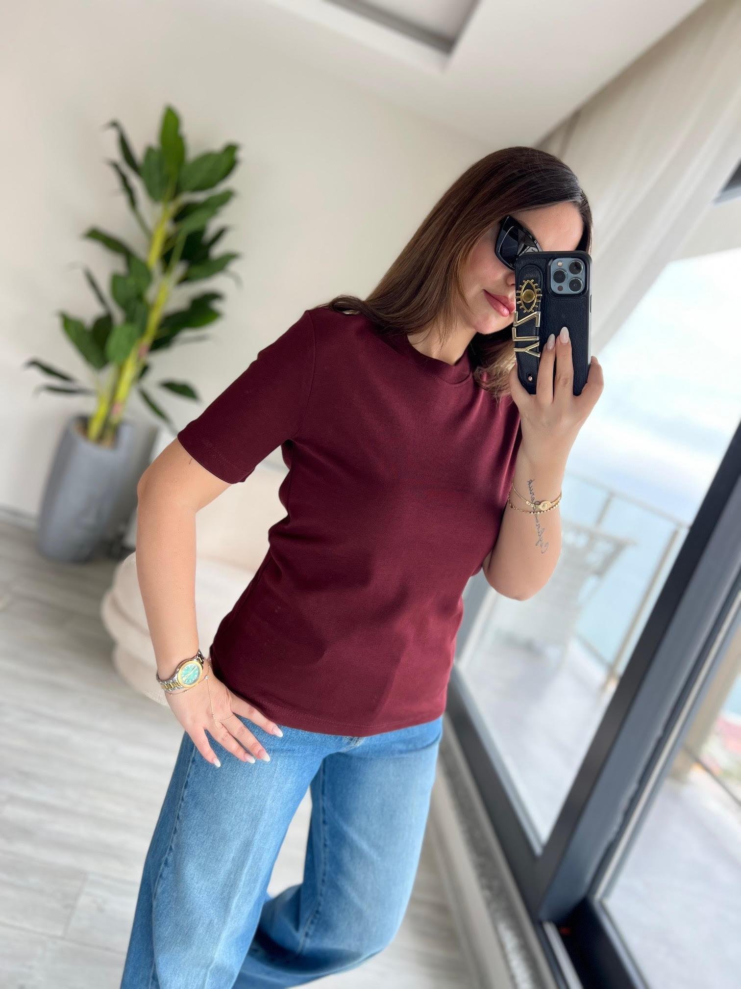 1075 Bisiklet Yaka Tshirt BORDO