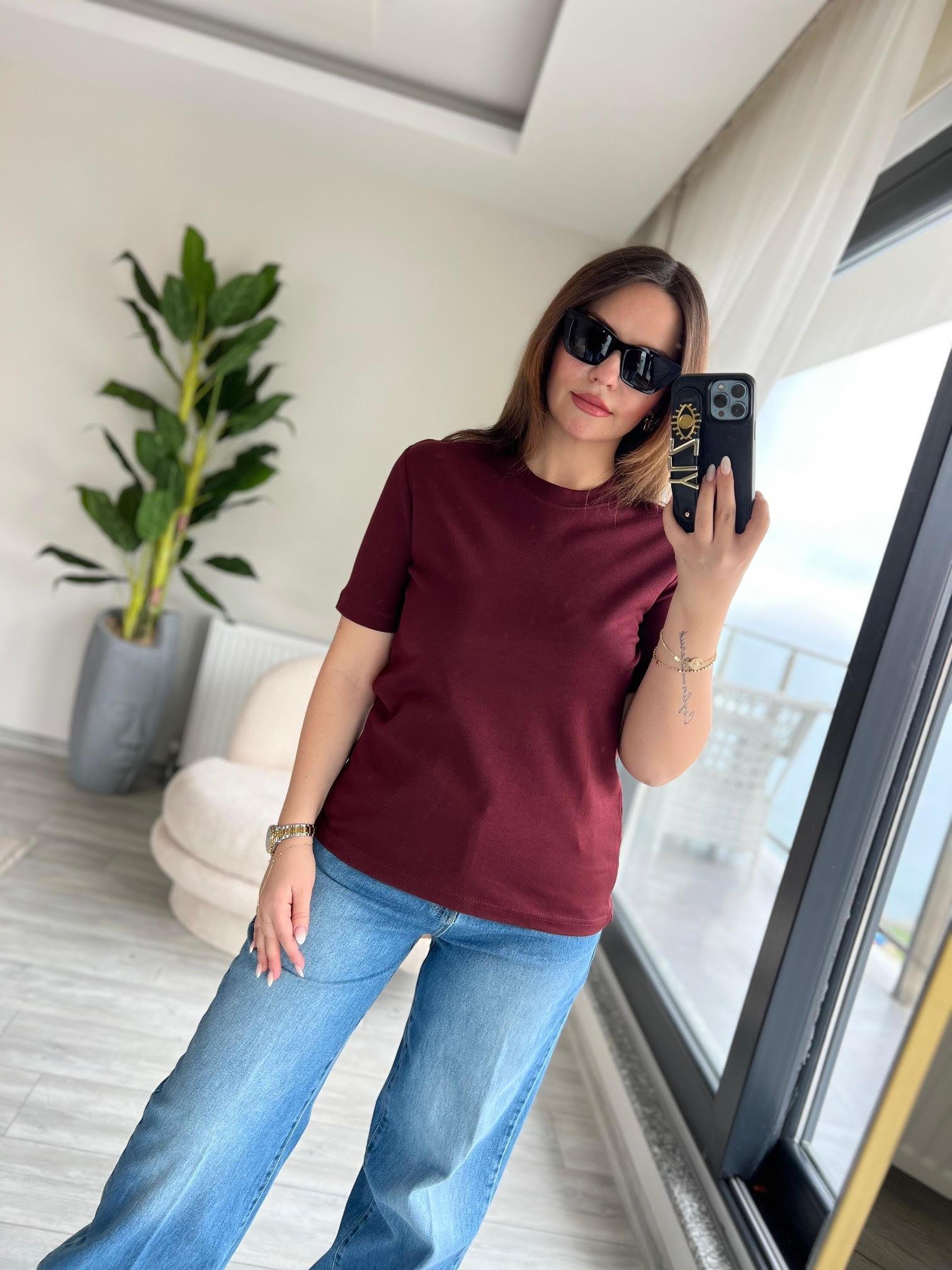 1075 Bisiklet Yaka Tshirt BORDO