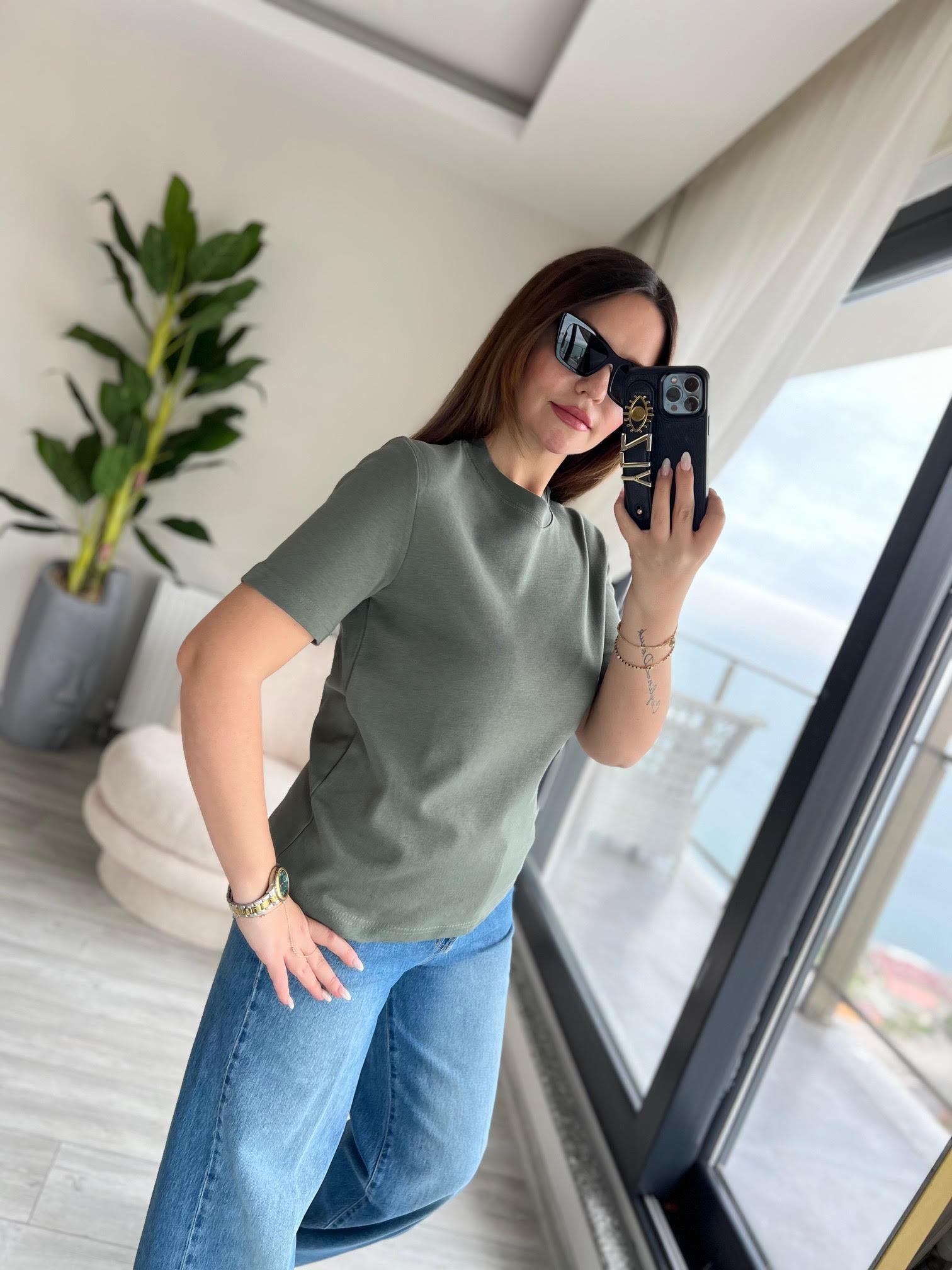 1075 Bisiklet Yaka Tshirt HAKİ YEŞİL