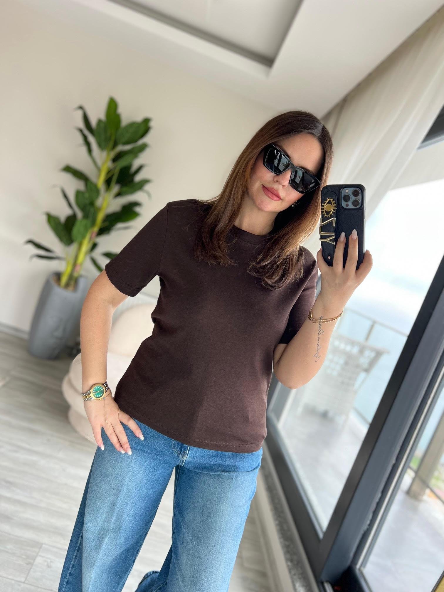 1075 Bisiklet Yaka Tshirt KAHVE