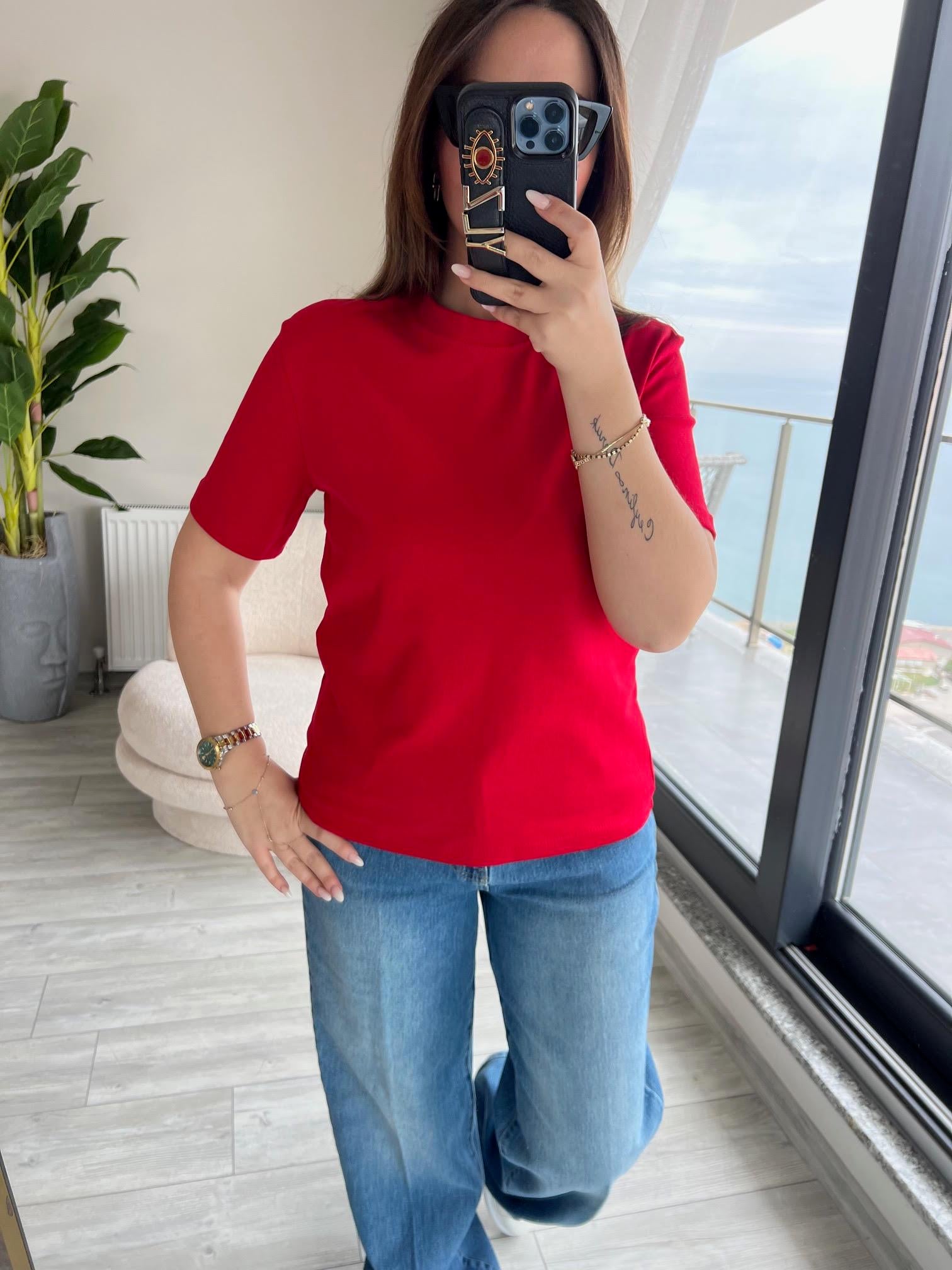 1075 Bisiklet Yaka Tshirt KIRMIZI