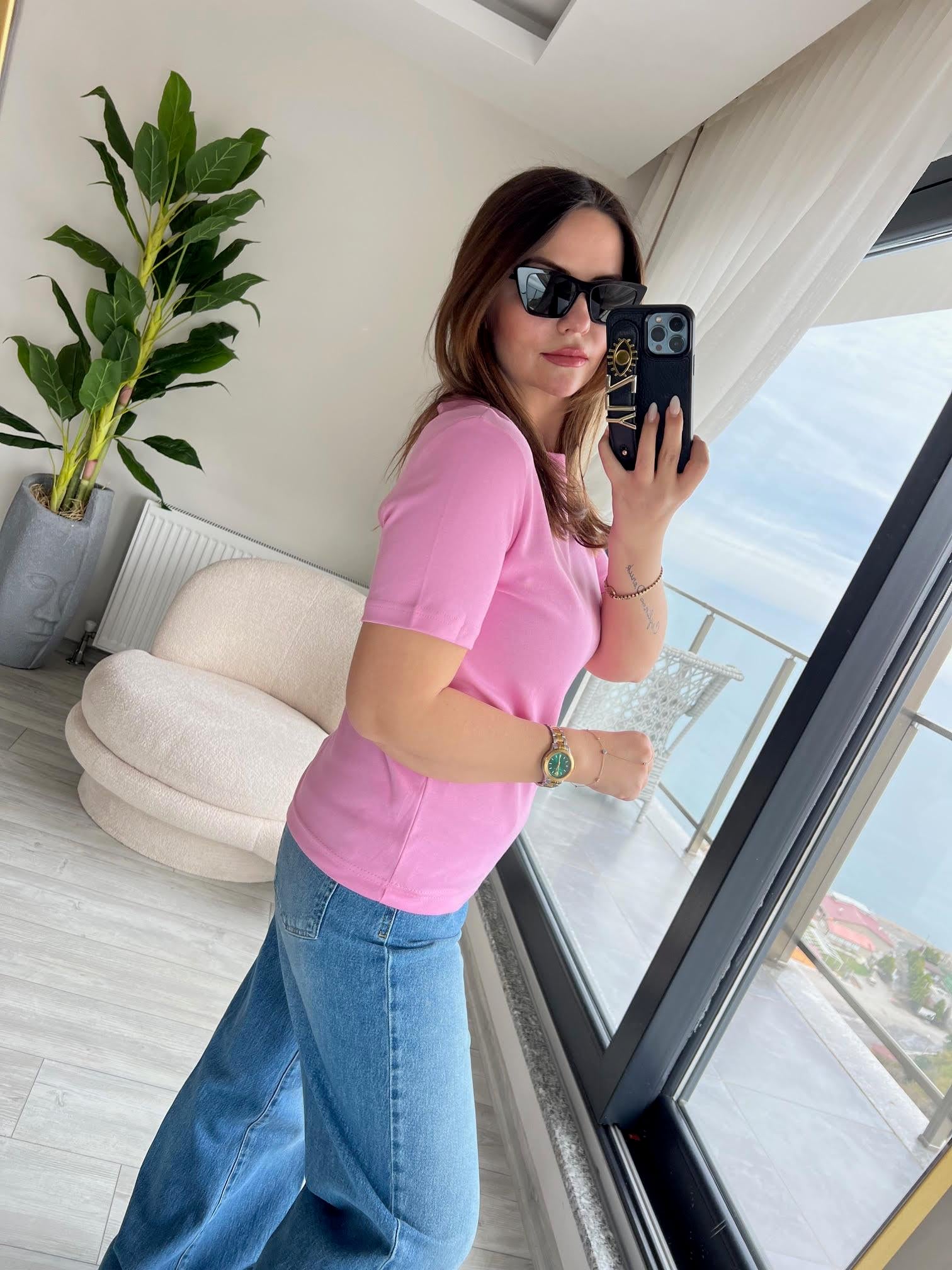 1075 Bisiklet Yaka Tshirt PEMBE