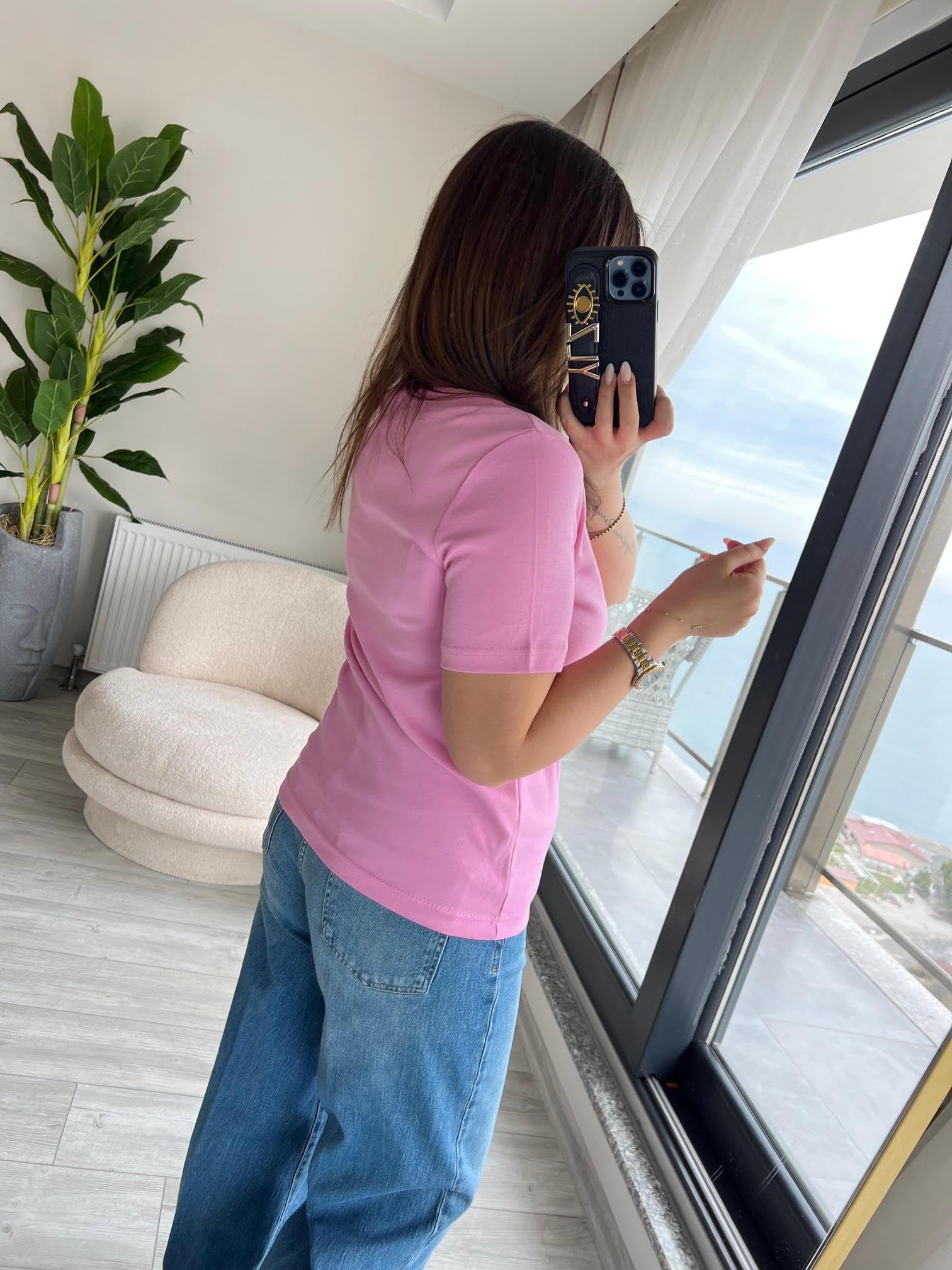 1075 Bisiklet Yaka Tshirt PEMBE