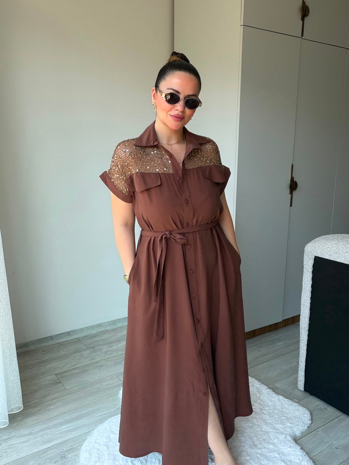 1107 Payet Detay Elbise KAHVE