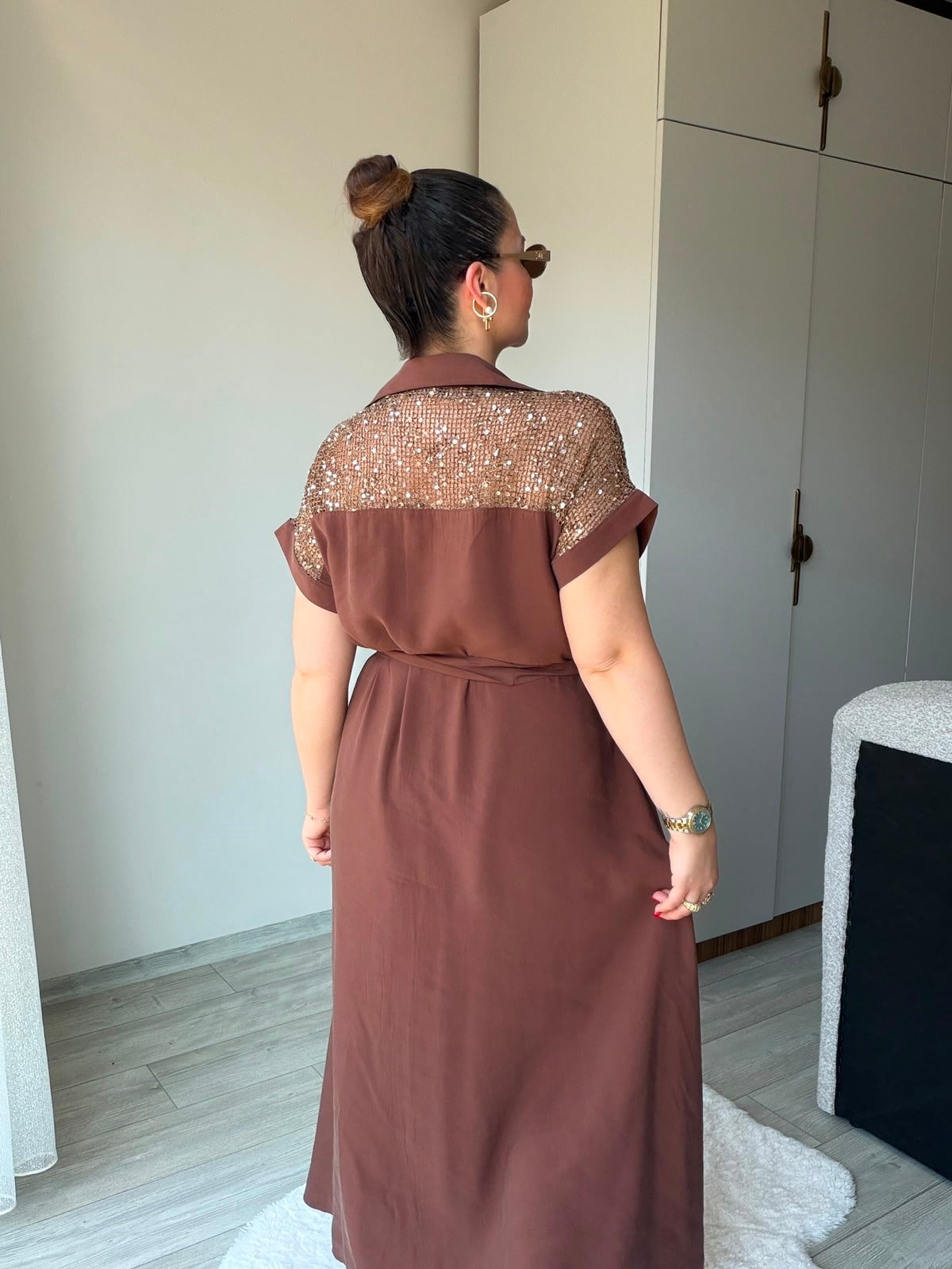 1107 Payet Detay Elbise KAHVE