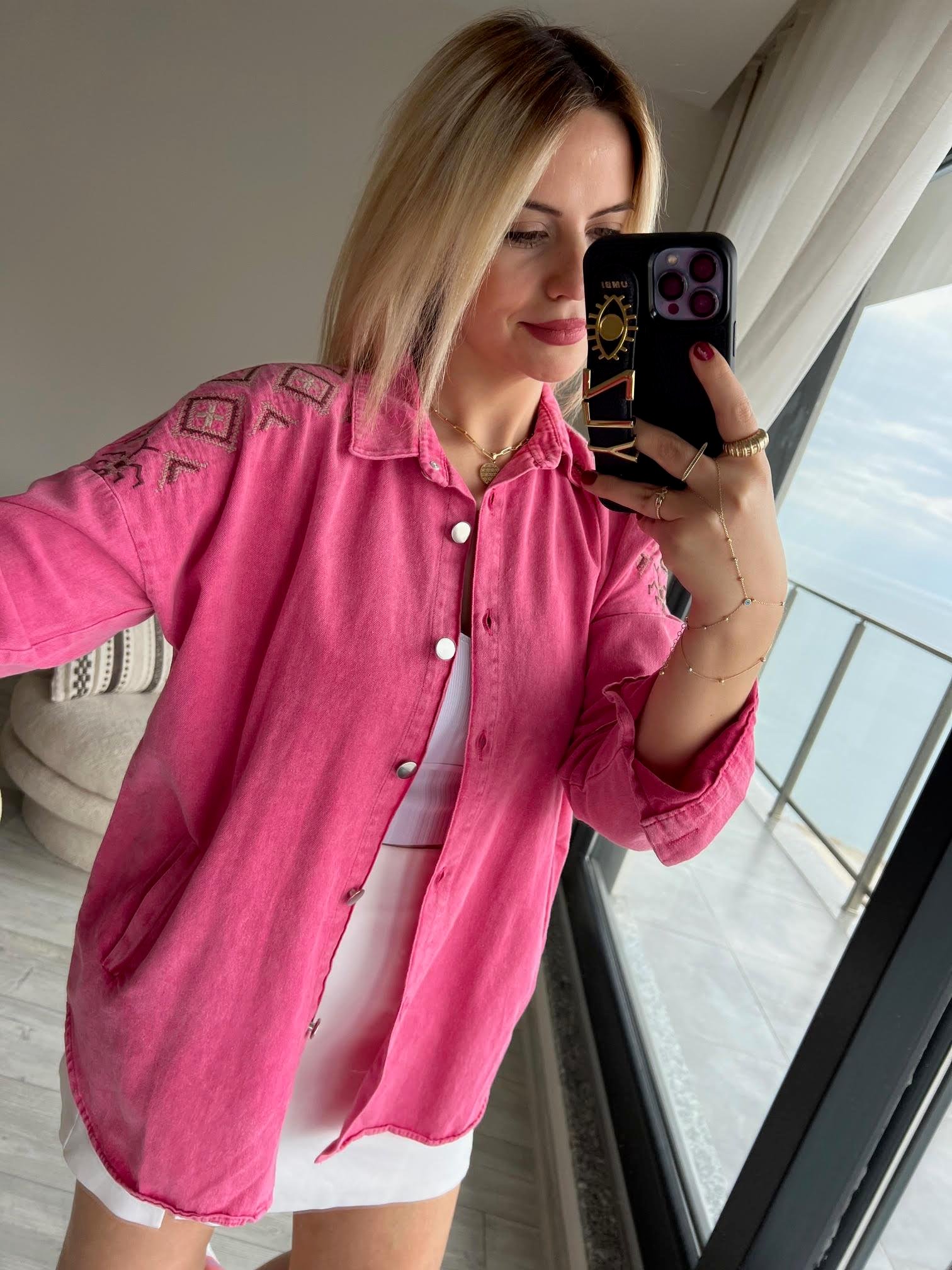 116 Nakışlı Gabardin Gömlek PEMBE