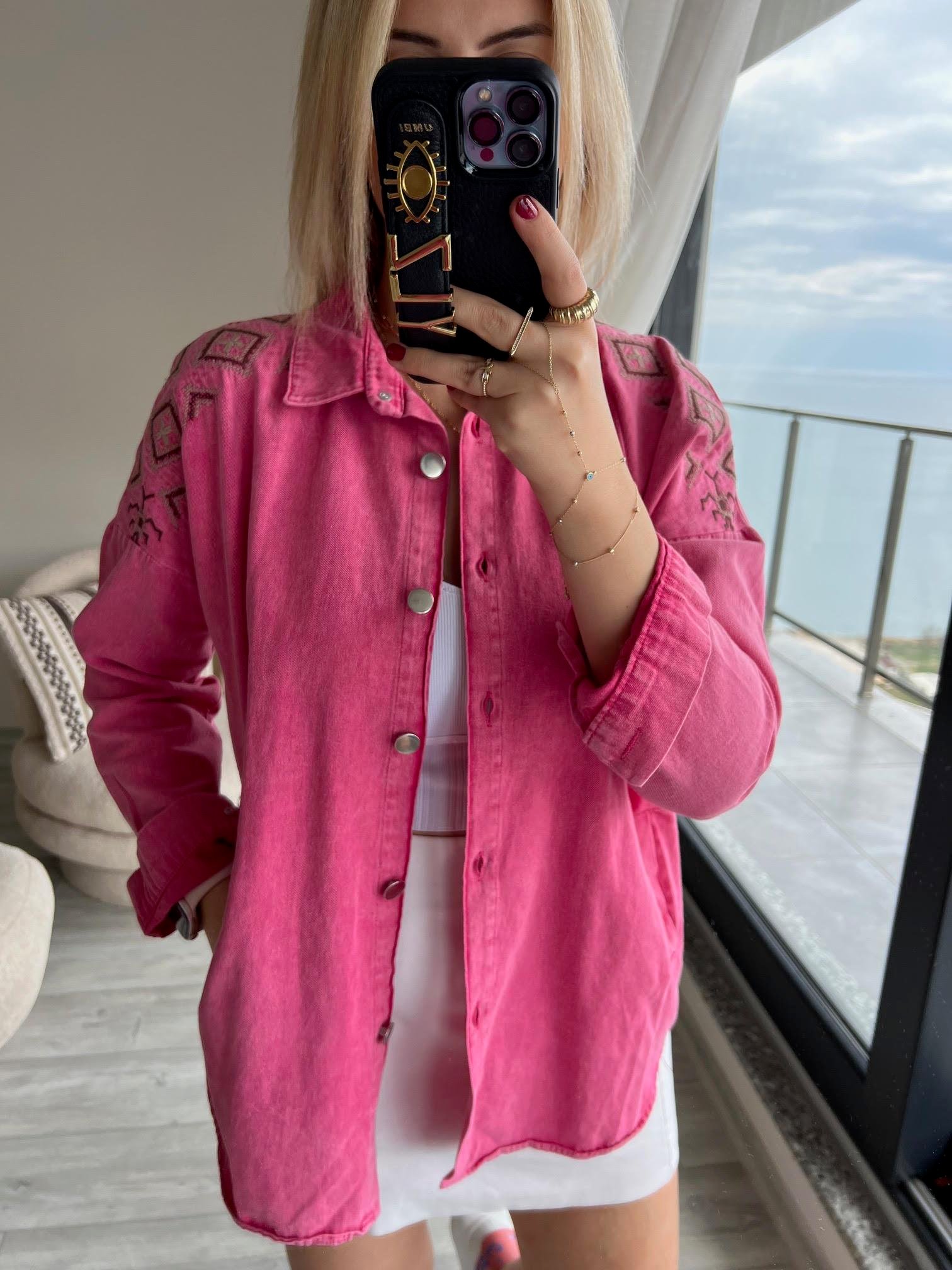 116 Nakışlı Gabardin Gömlek PEMBE