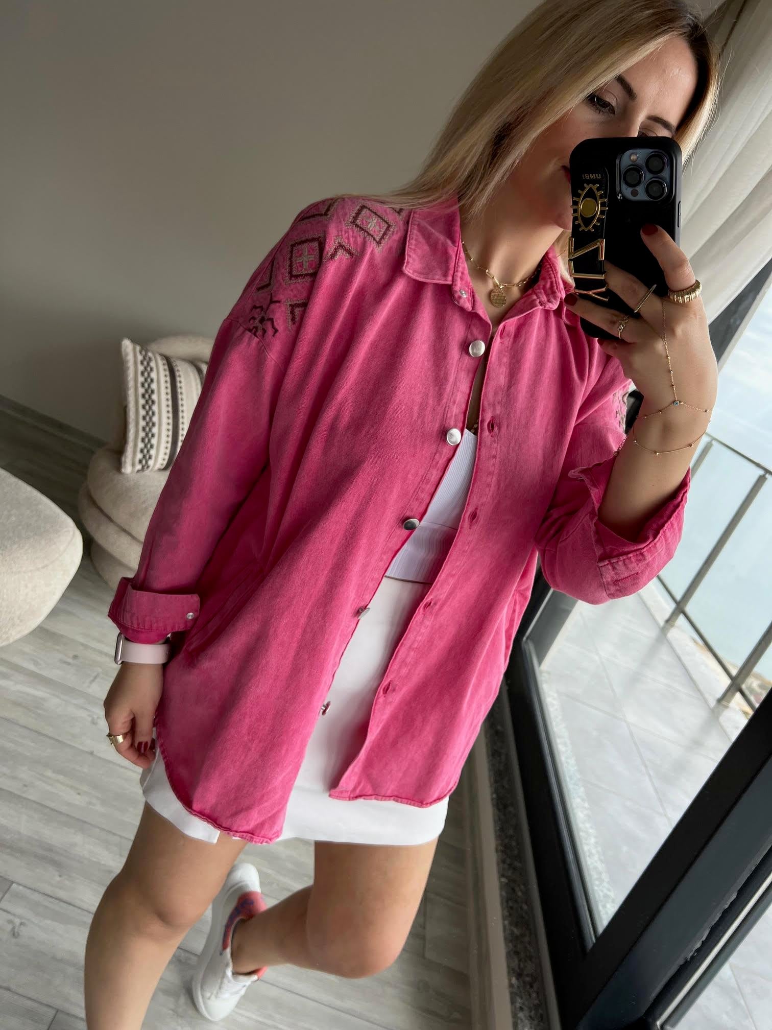 116 Nakışlı Gabardin Gömlek PEMBE