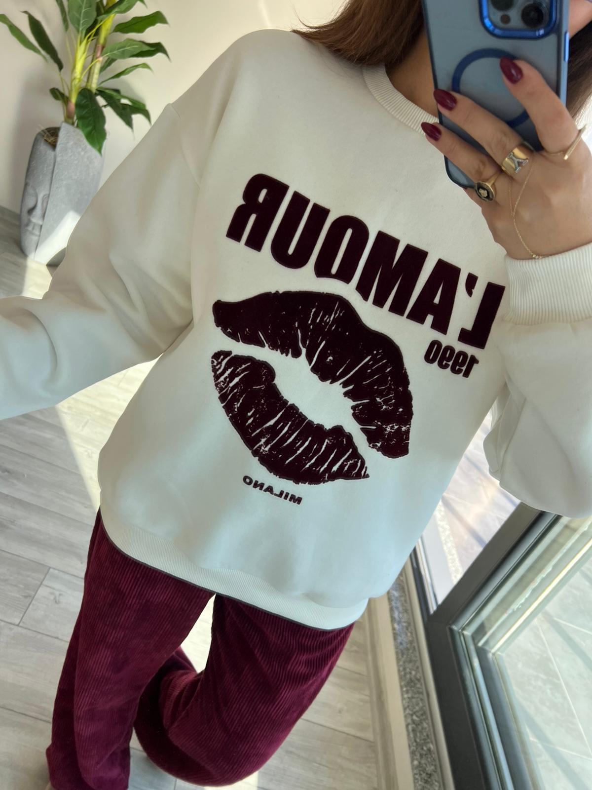 1289 Kadife Yazılı Sweat EKRU
