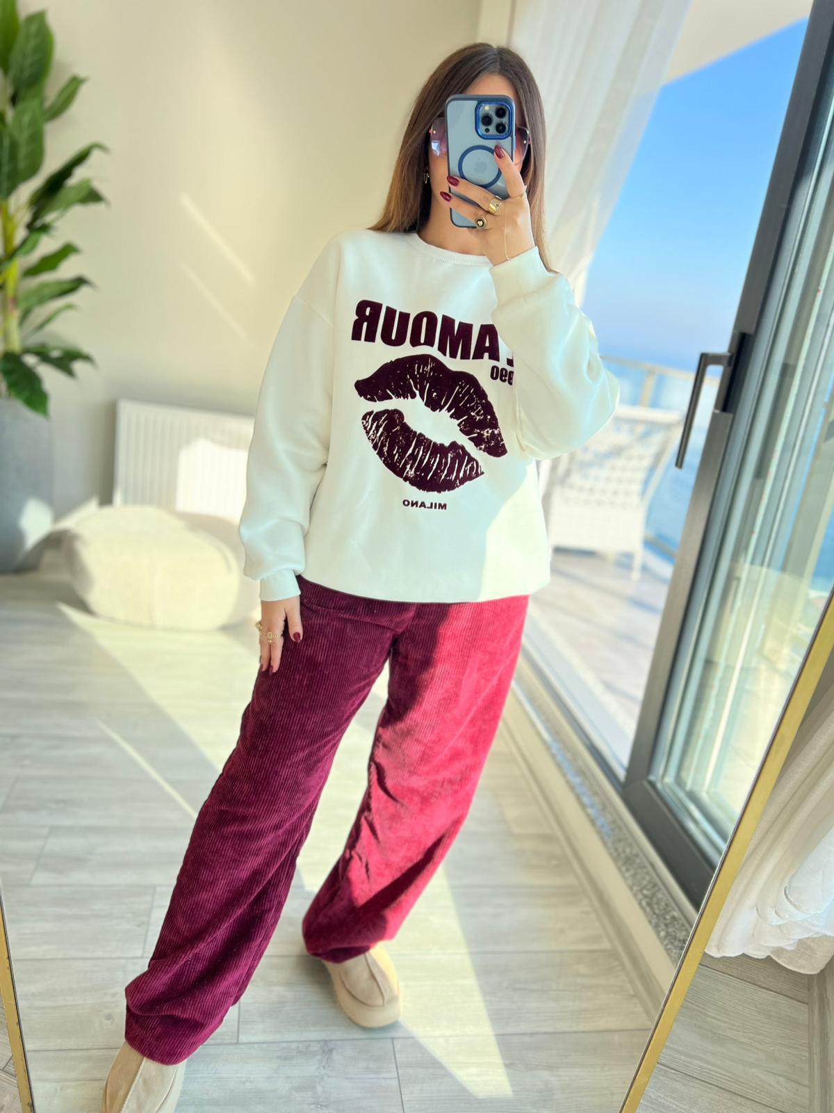 1289 Kadife Yazılı Sweat EKRU