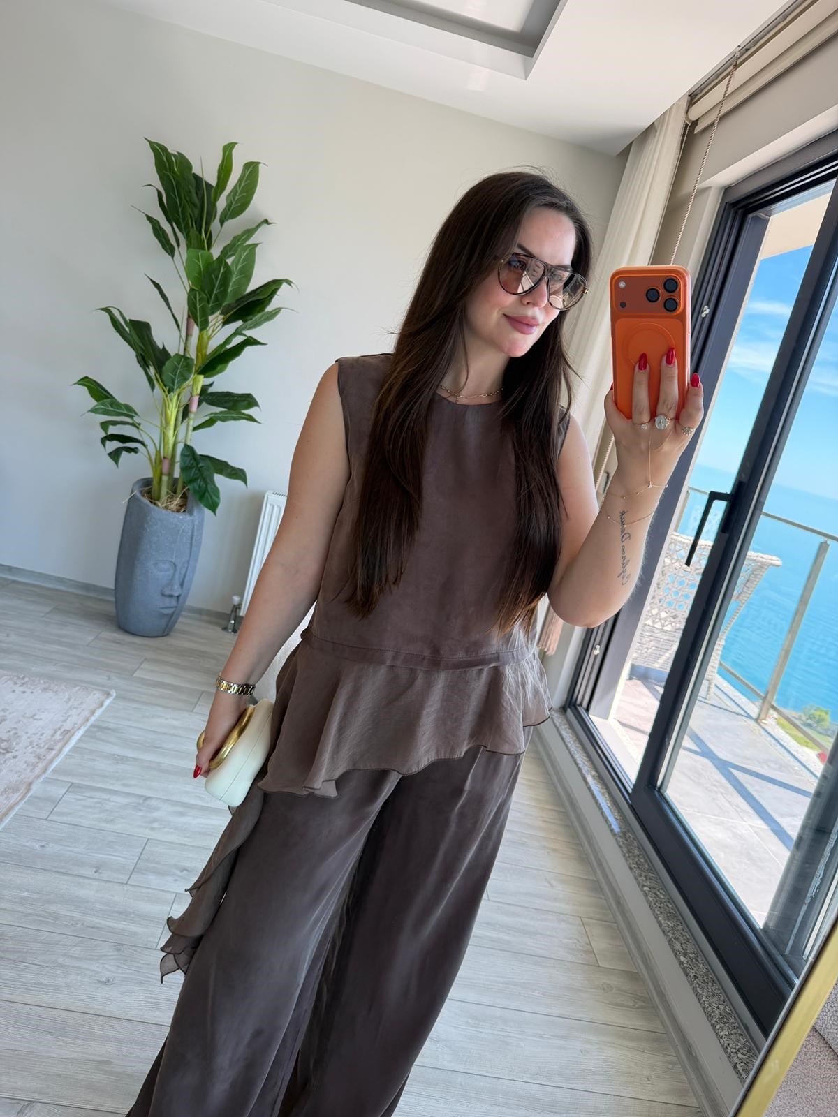 1391 Garnili Bluz Pantolon Takım KAHVE