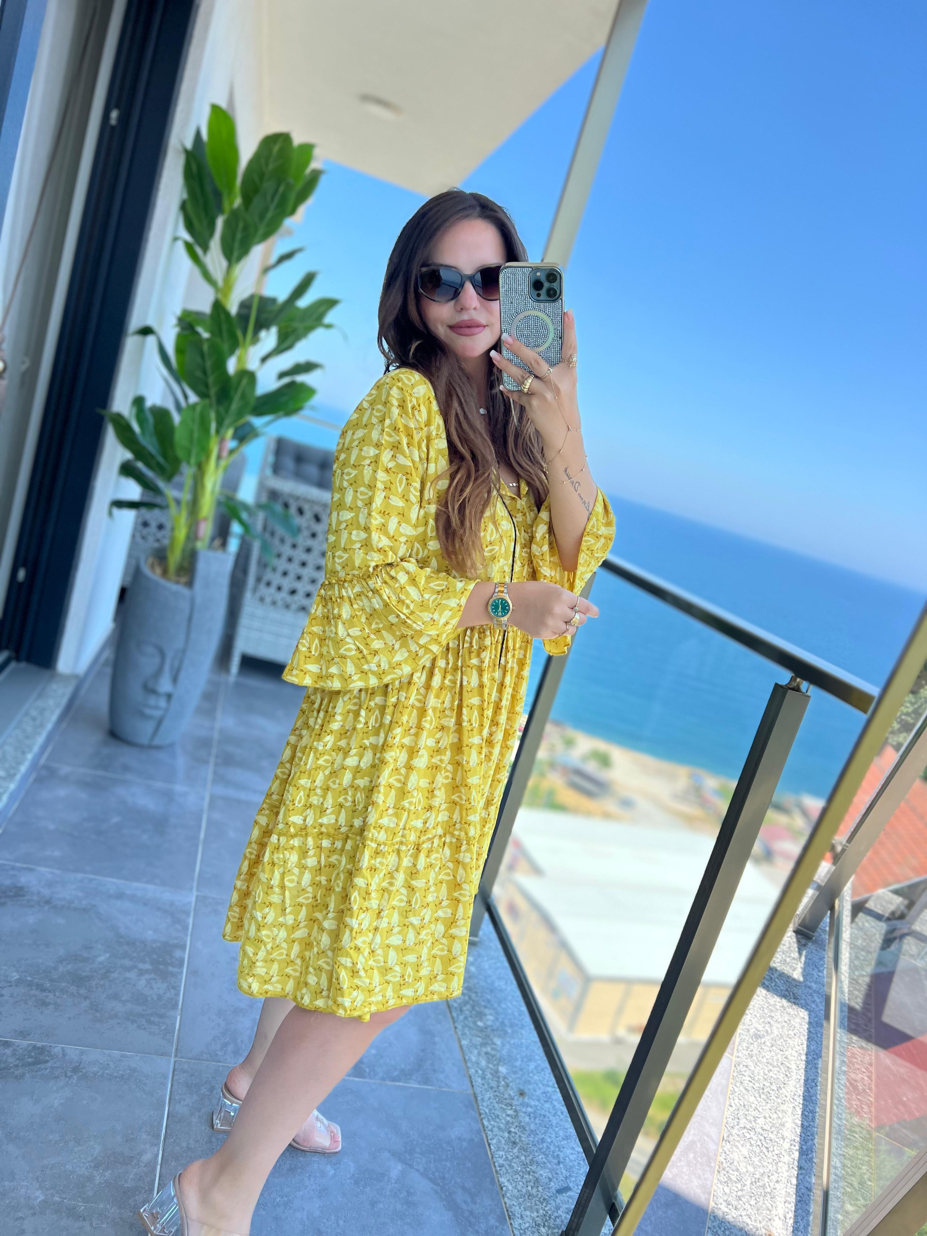 140 Yaprak Desen Elbise SARI