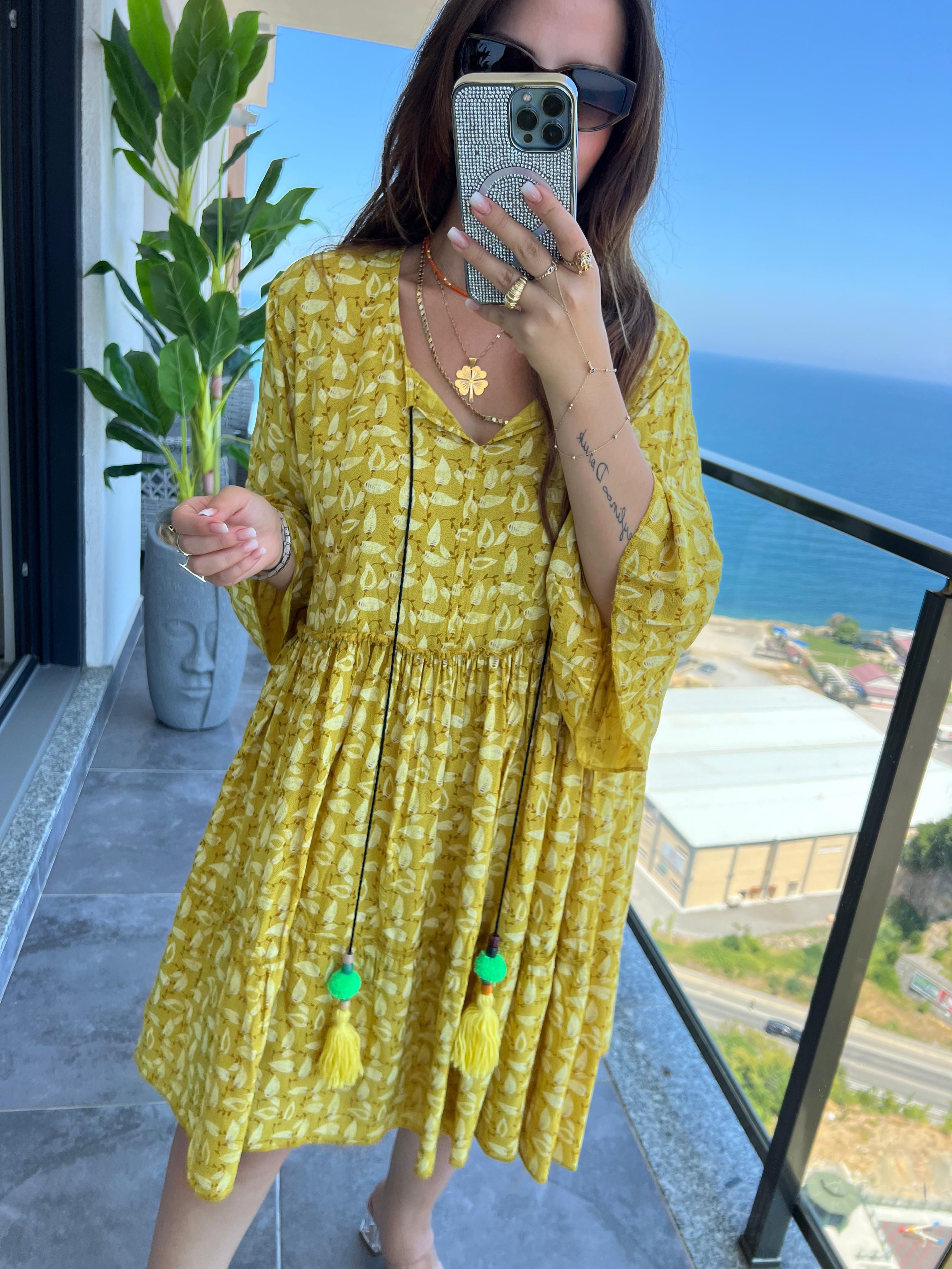 140 Yaprak Desen Elbise SARI