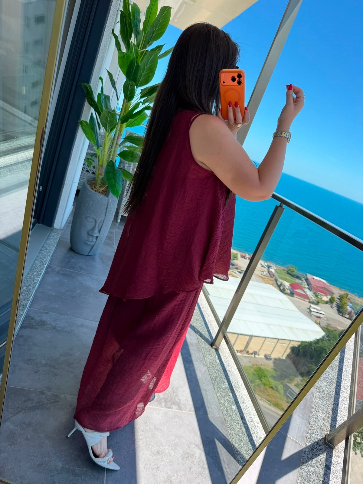 1400 Asimetrik Bluzlu Elbise BORDO