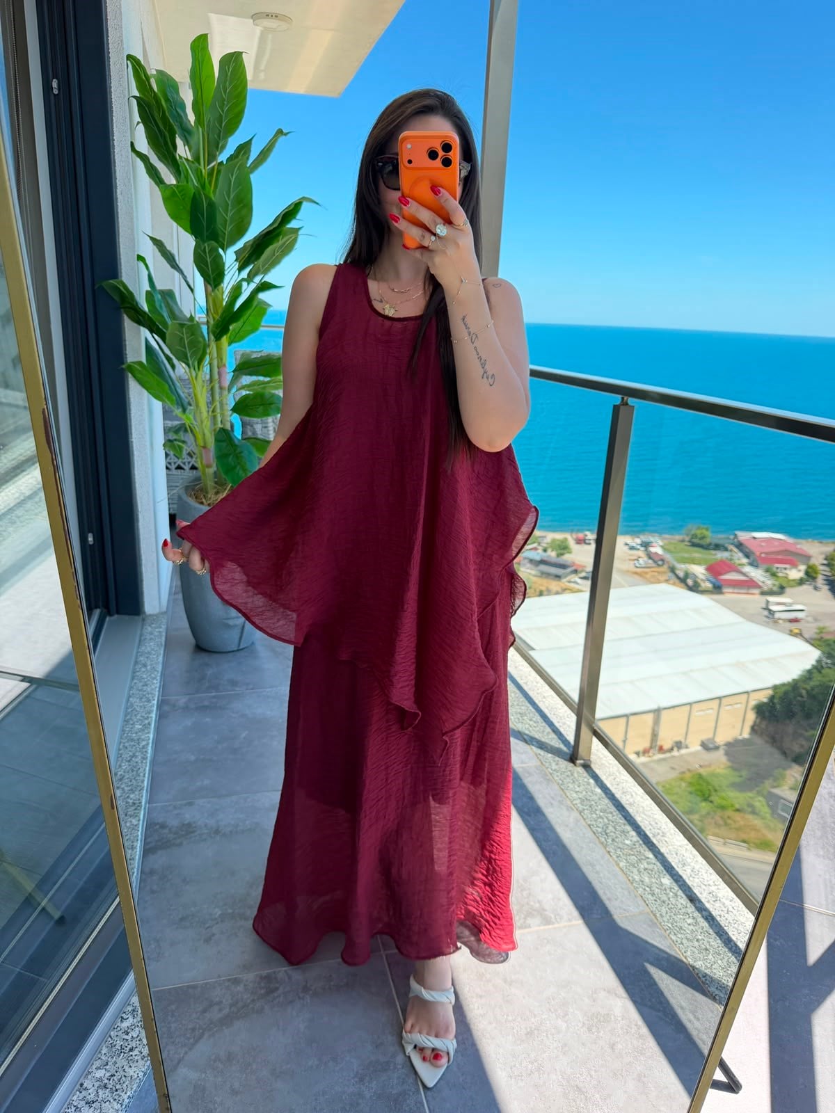 1400 Asimetrik Bluzlu Elbise BORDO
