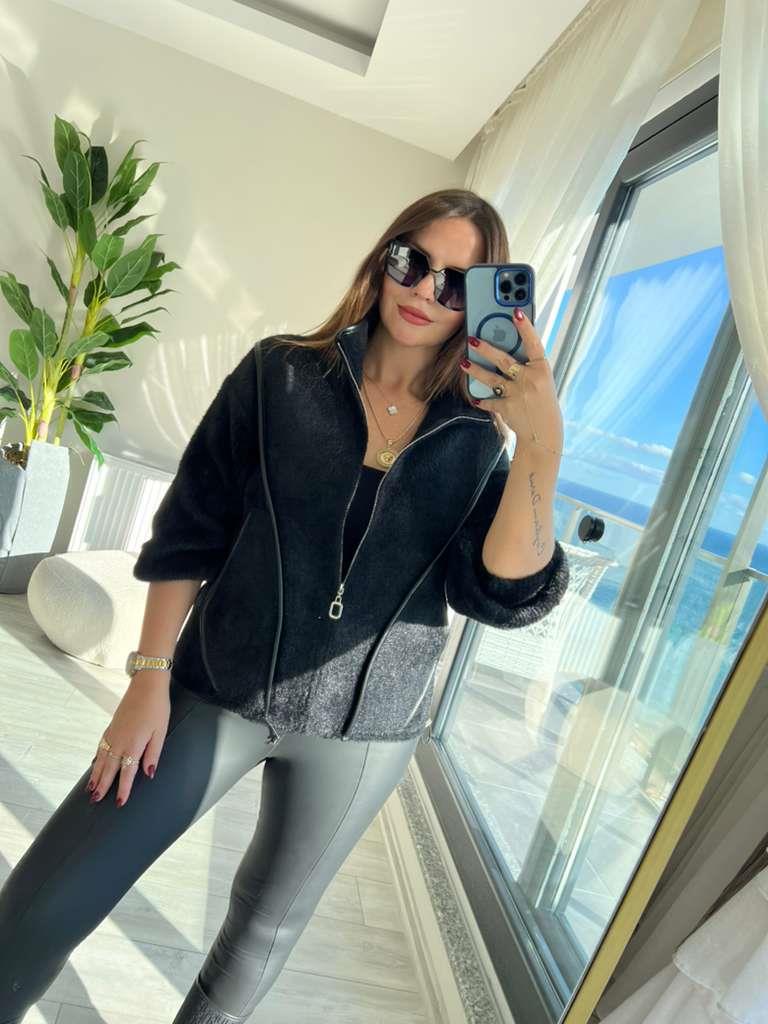 140206 Deri Şerit Detay Fermuarlı Hırka SİYAH