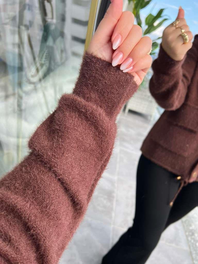 14944 Angora Kapüşonlu Düğmeli Hırka ACI KAHVE