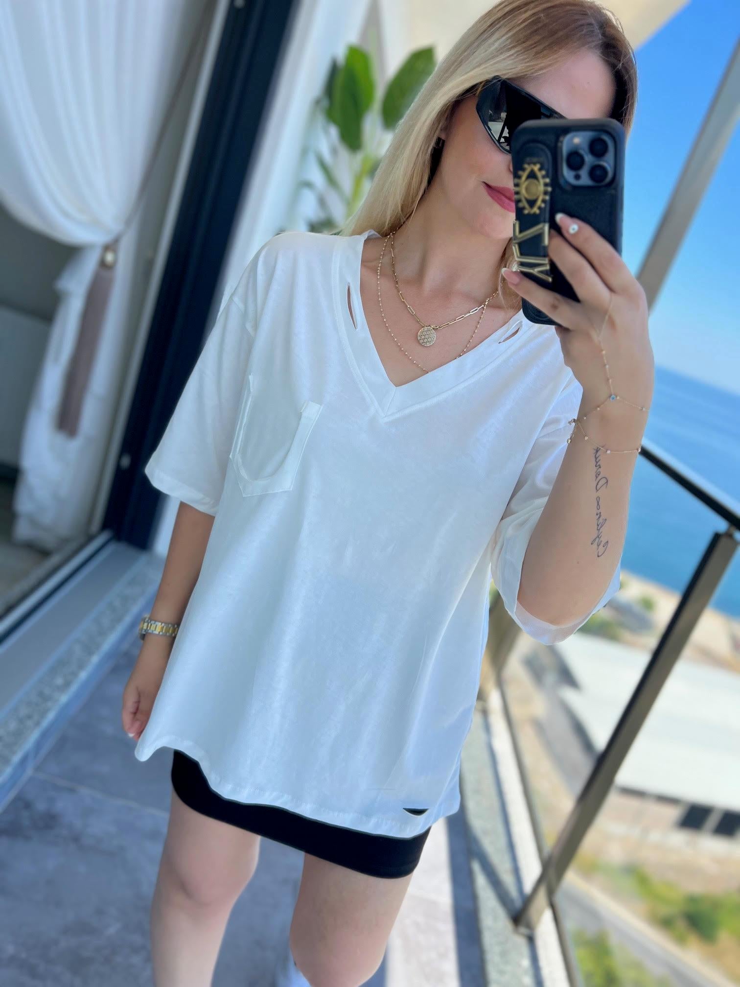 1603 Yandan Yırtmaçlı Tshirt BEYAZ