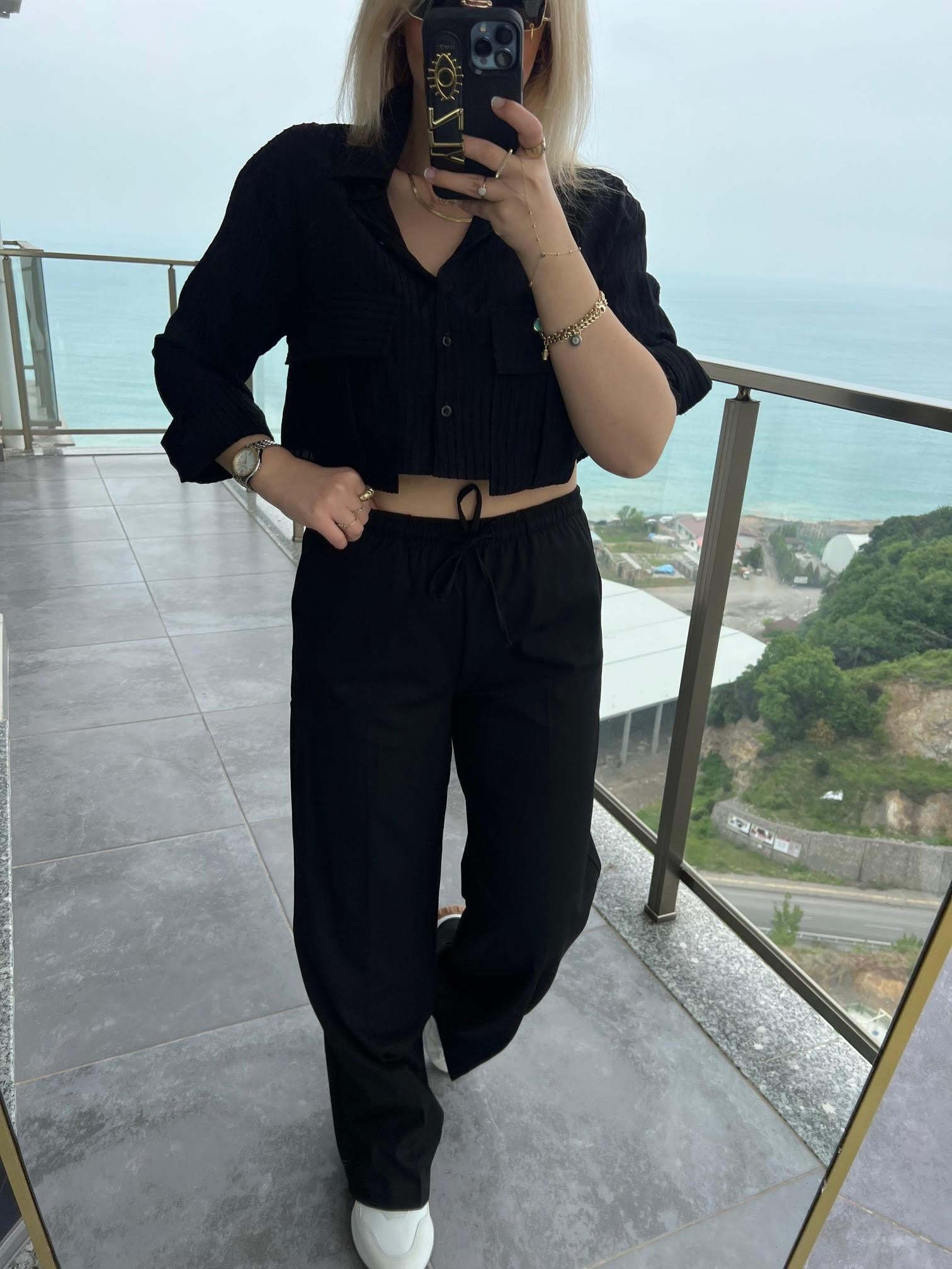 16054  Kemerli Lastikli Pantolon SİYAH