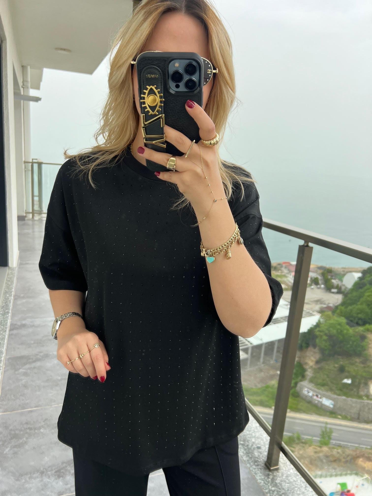 16116 Taşlı Tshirt SİYAH